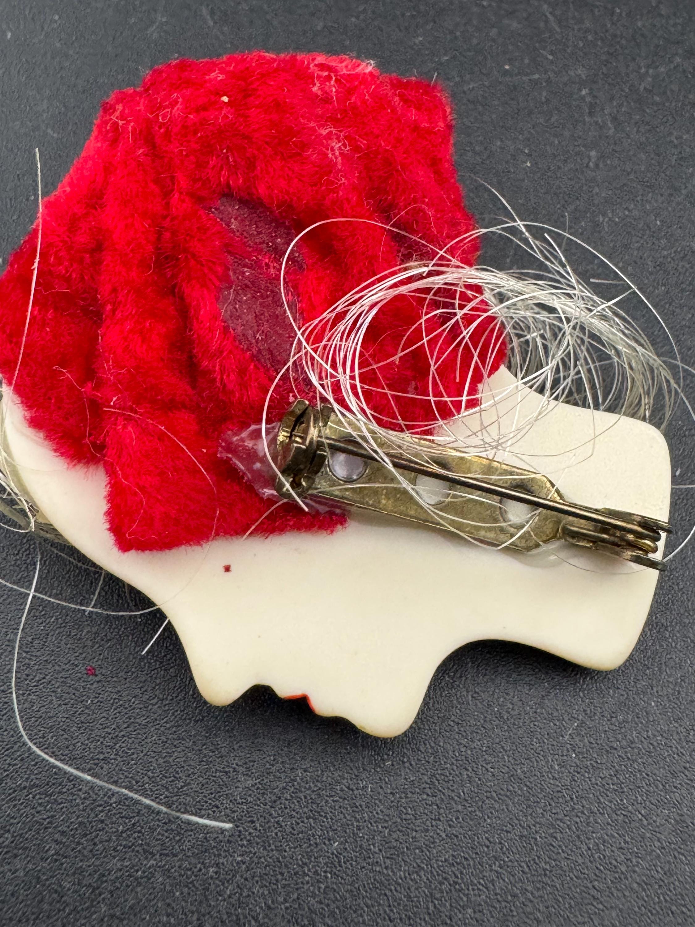 vintage flapper face brooch, art deco lady pin with red hat