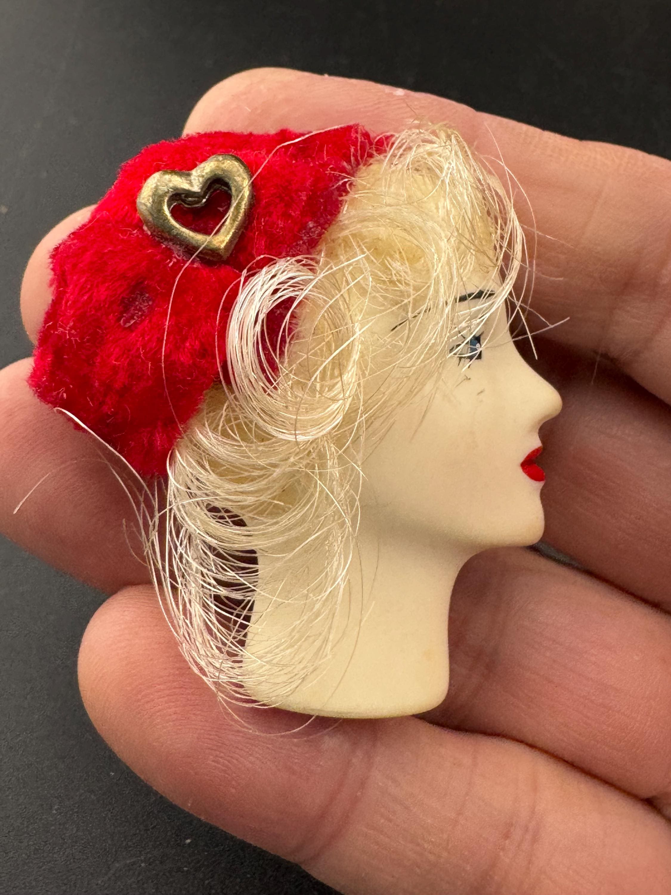 vintage flapper face brooch, art deco lady pin with red hat