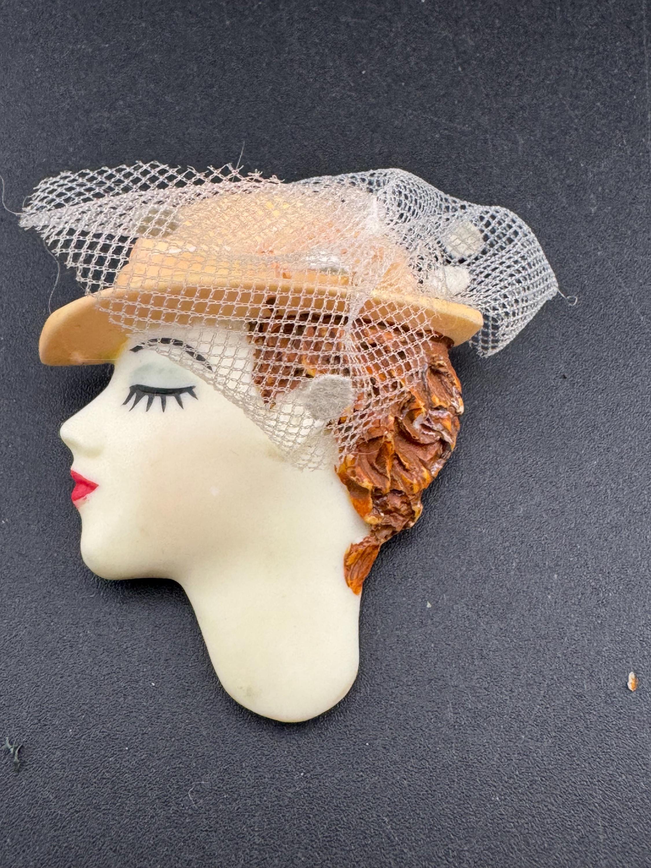 vintage flapper face brooch, art deco lady pin with pink hat