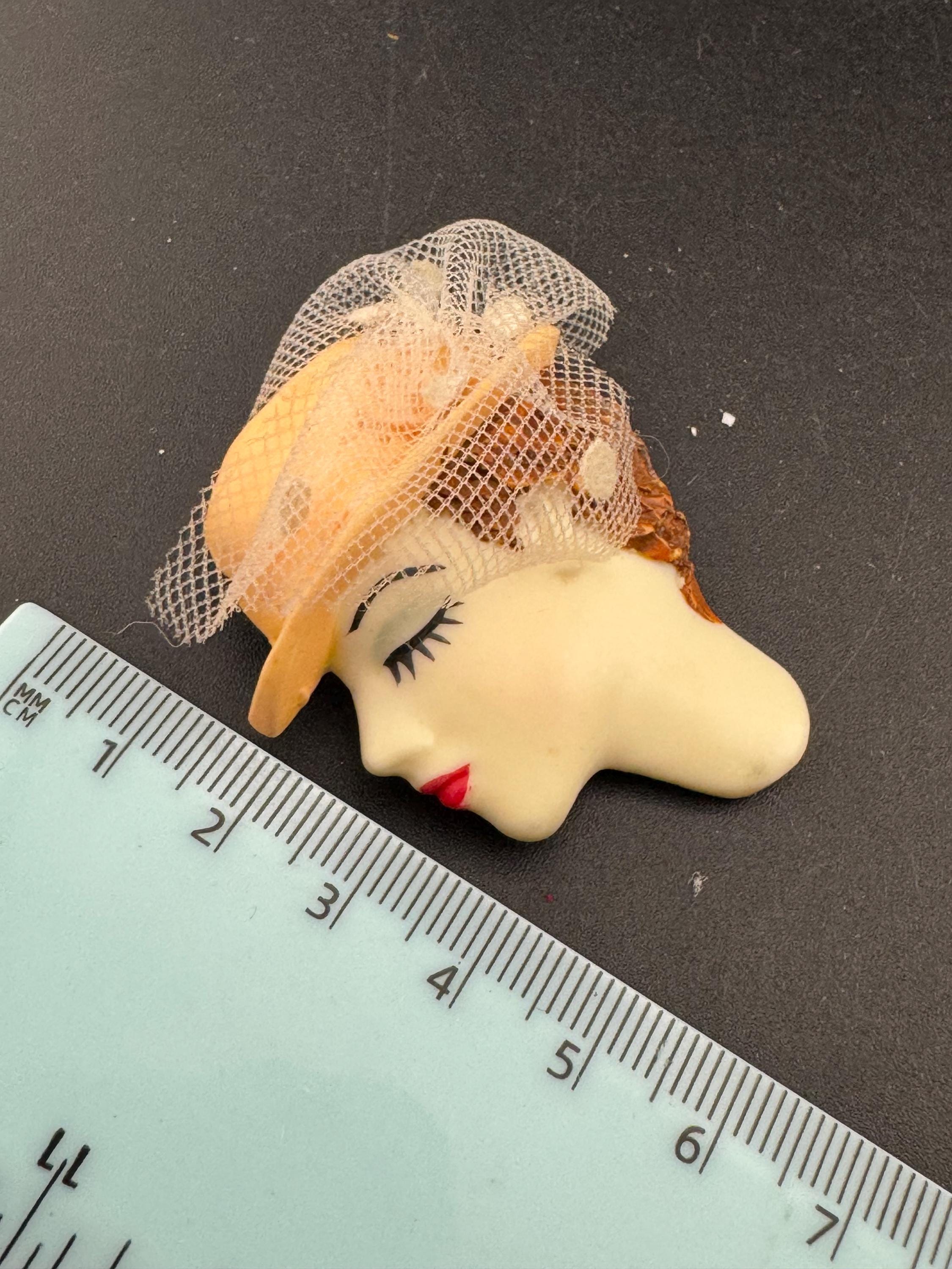 vintage flapper face brooch, art deco lady pin with pink hat