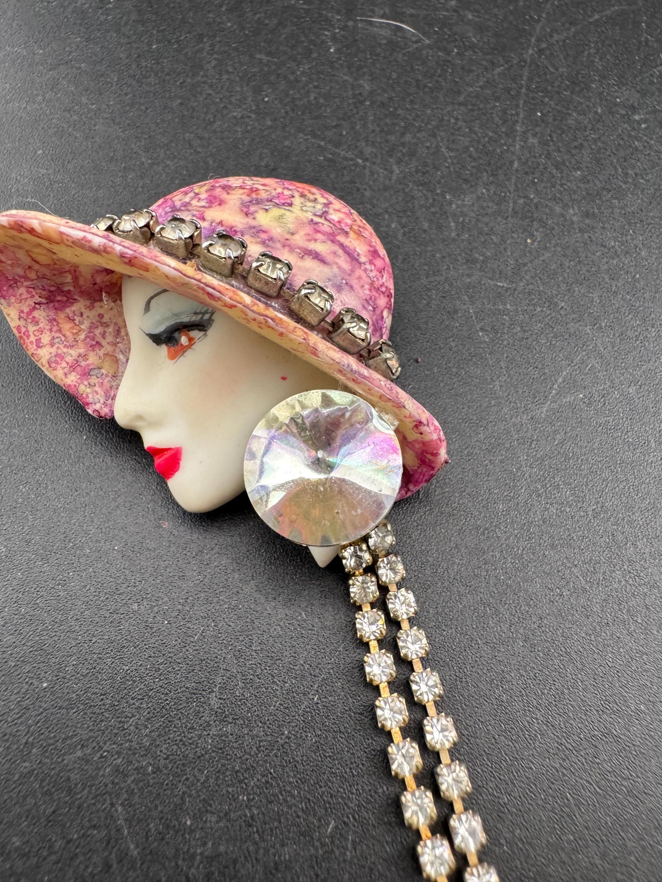 vintage rhinestone flapper face brooch, art deco lady pin with pink hat