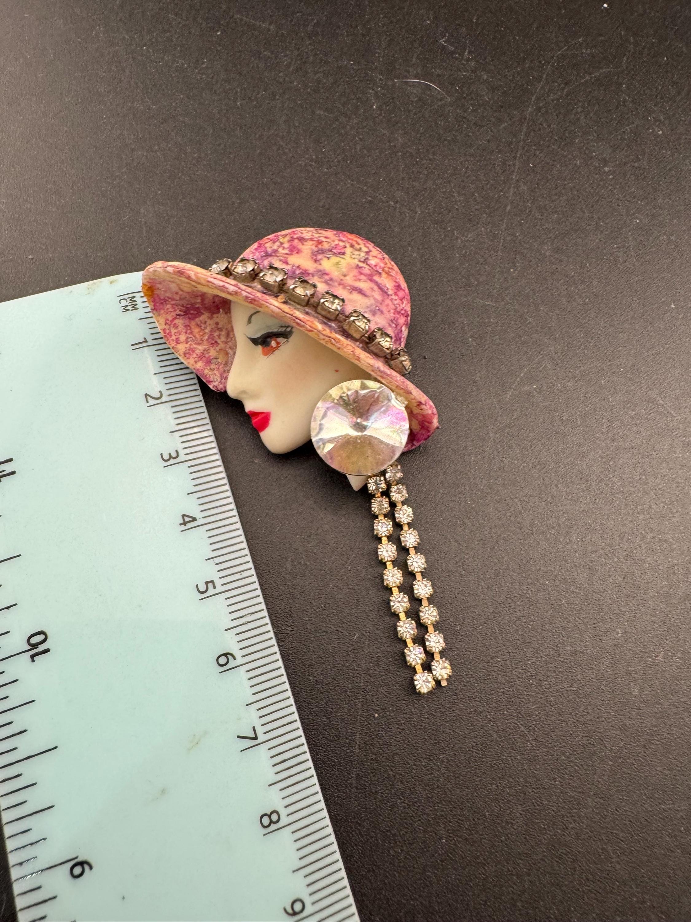 vintage rhinestone flapper face brooch, art deco lady pin with pink hat