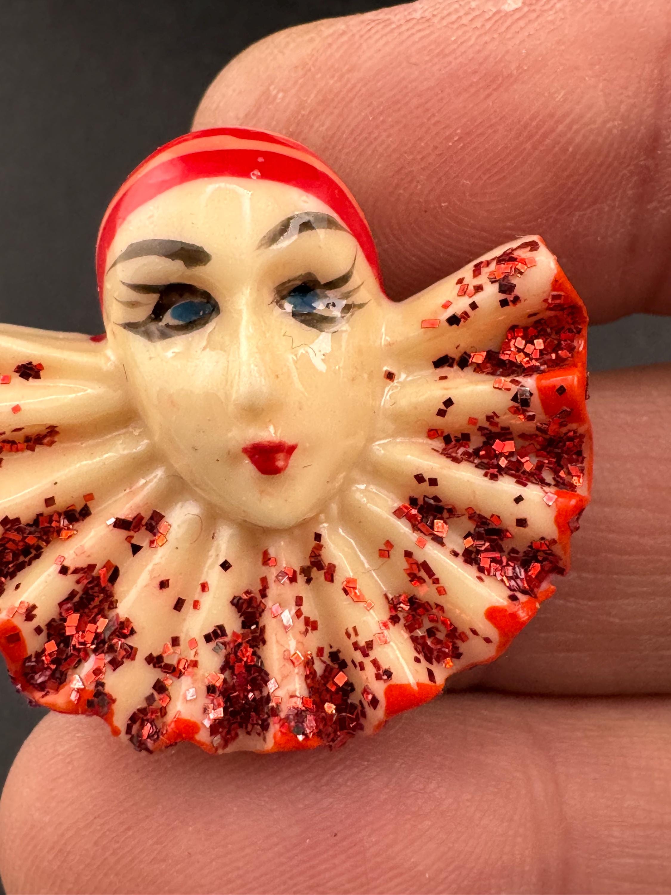 Early plastic art deco Pierrot Brooch: French Clown Pin