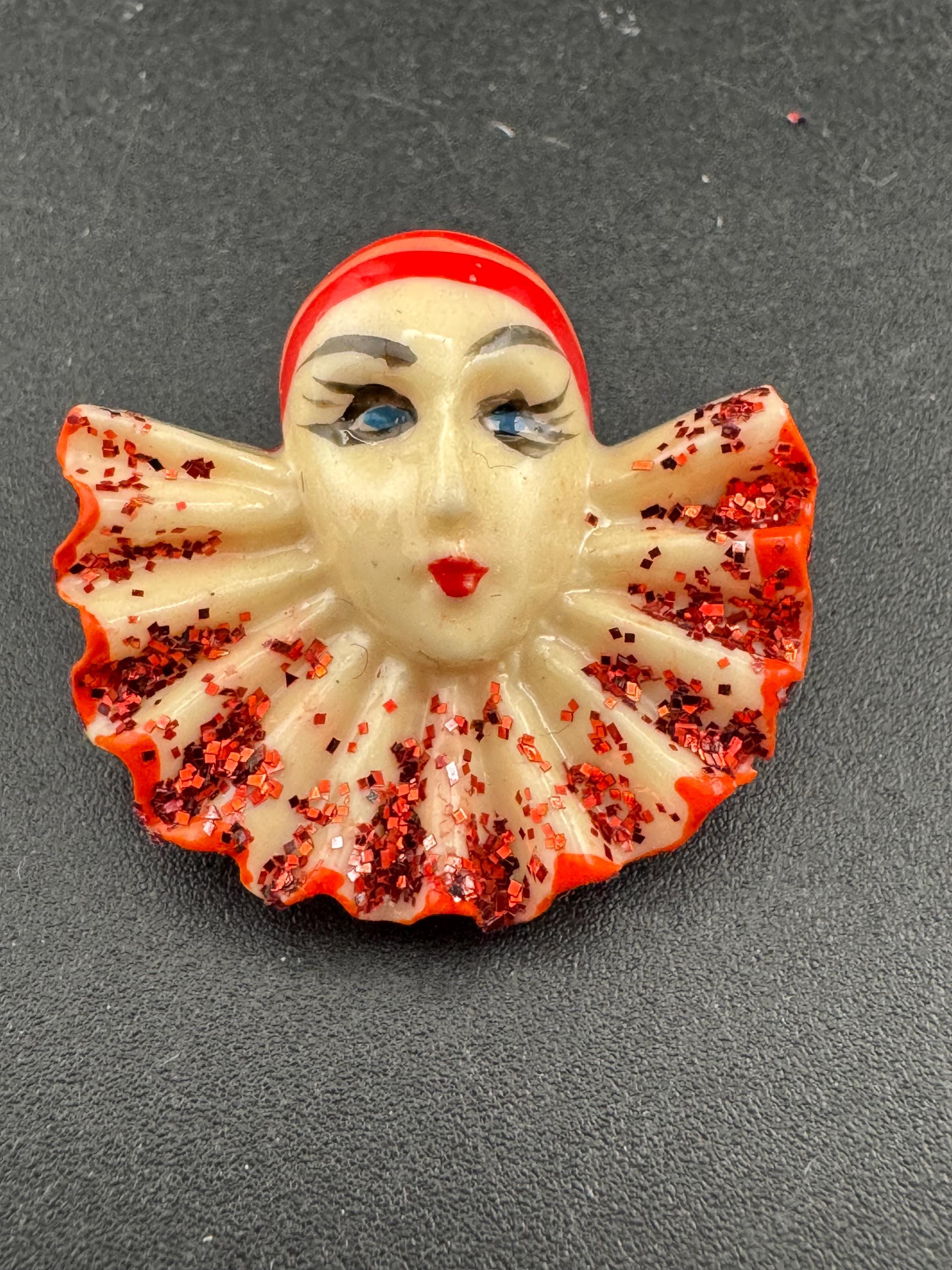 Early plastic art deco Pierrot Brooch: French Clown Pin