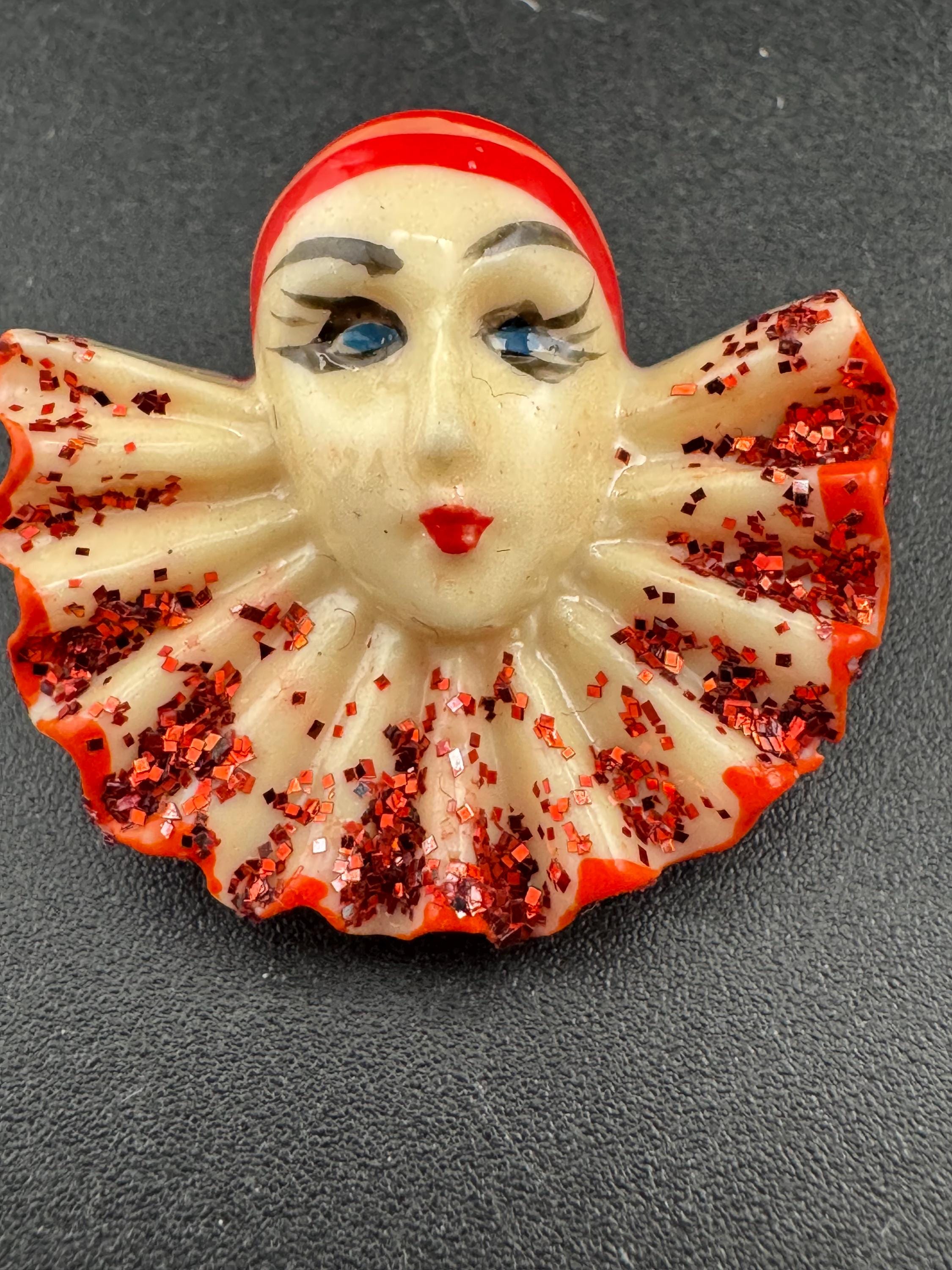 Early plastic art deco Pierrot Brooch: French Clown Pin
