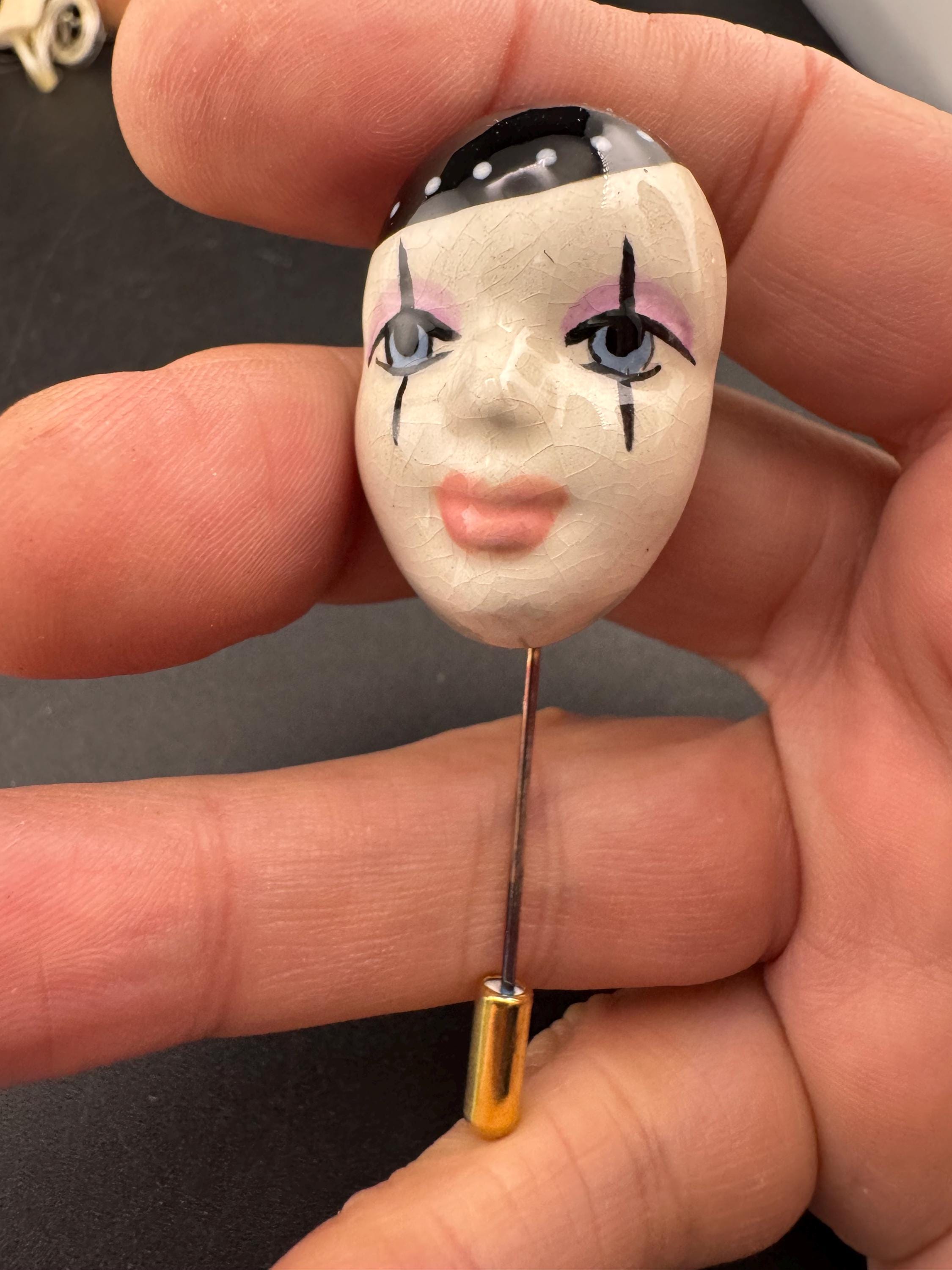 Vintage signed ceramic Pierrot stick pin brooch: art deco French Clown