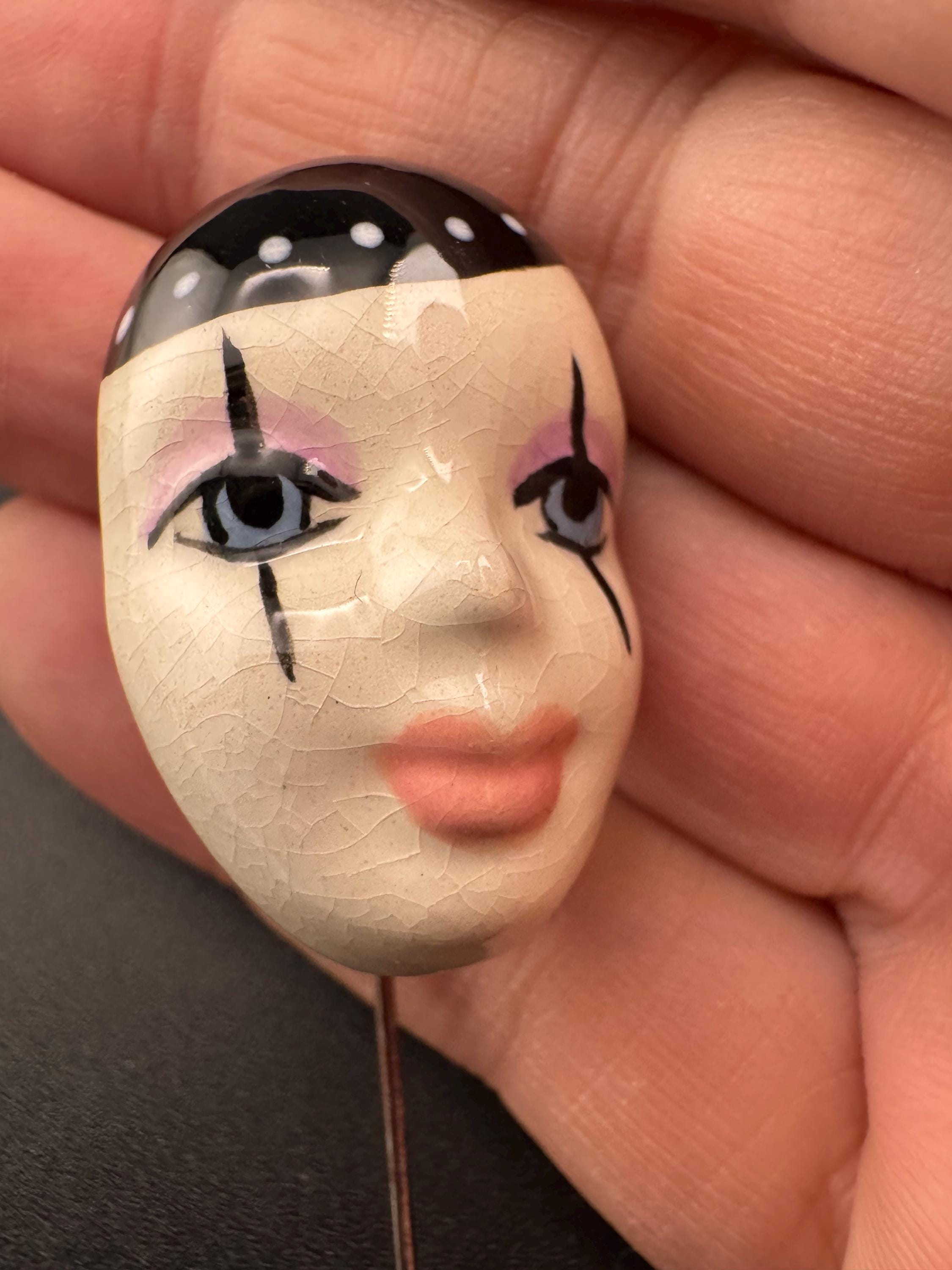 Vintage signed ceramic Pierrot stick pin brooch: art deco French Clown