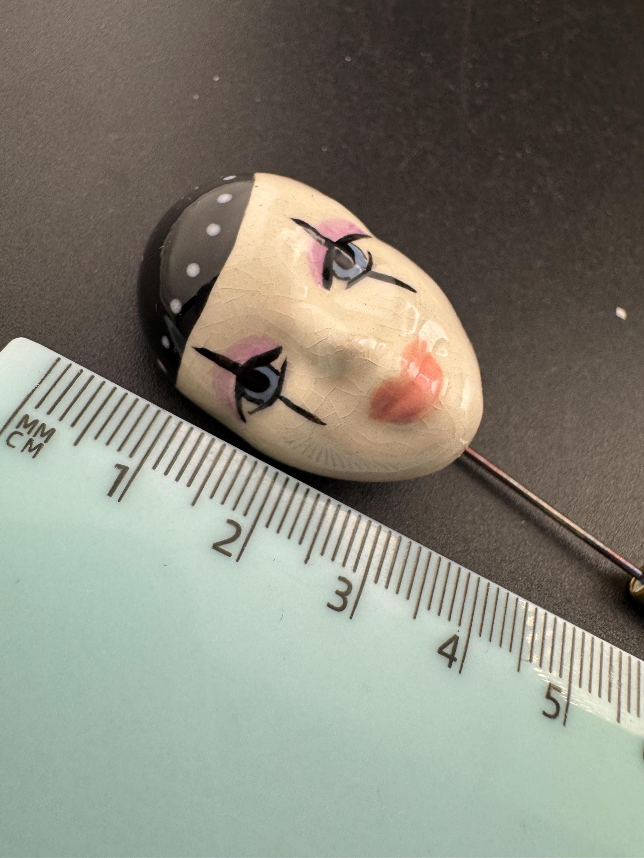 Vintage signed ceramic Pierrot stick pin brooch: art deco French Clown