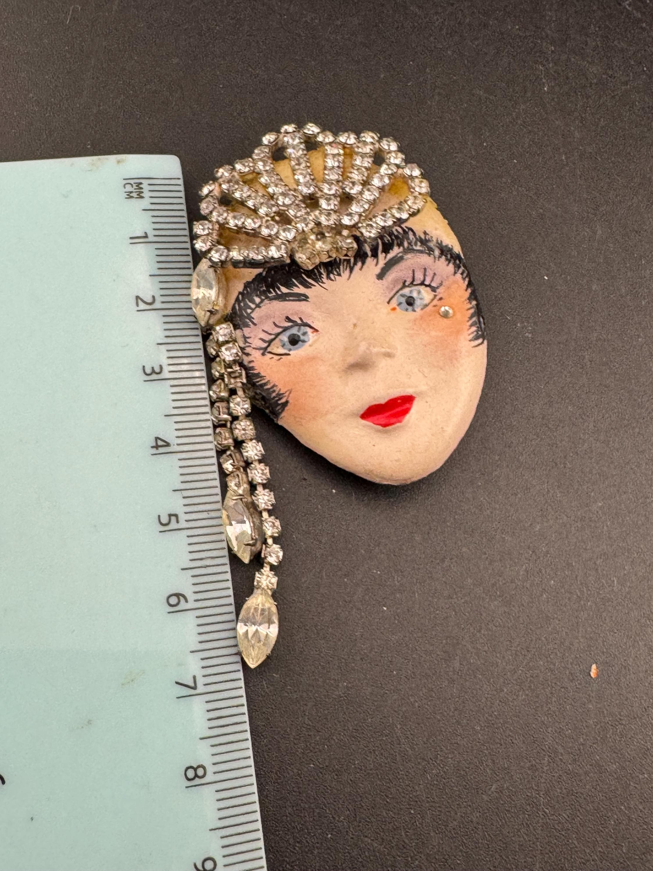 Vintage porcelain rhinestone ceramic flapper face brooch: art deco lady pin