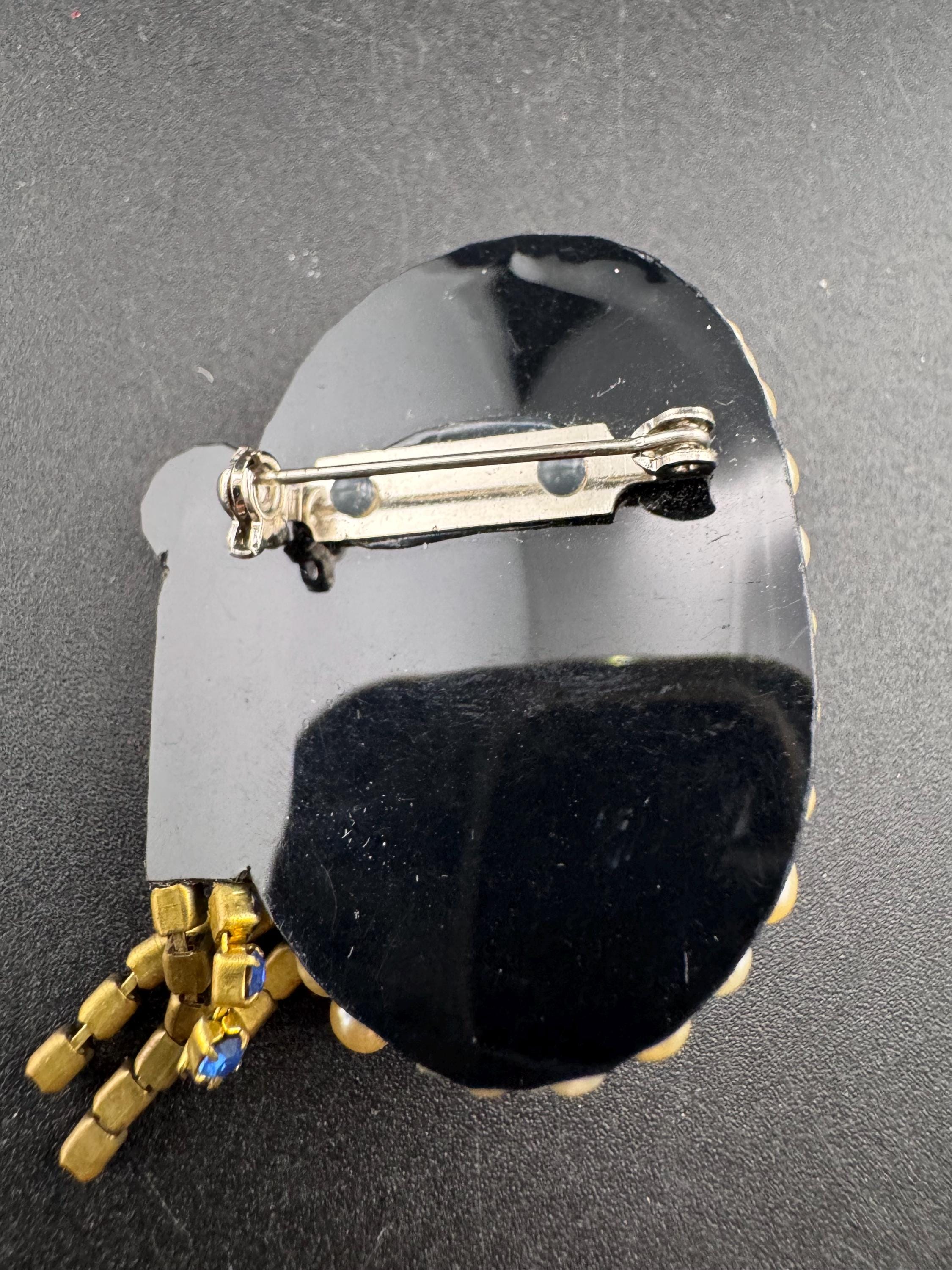 Vintage porcelain rhinestone ceramic flapper face brooch: art deco lady pin