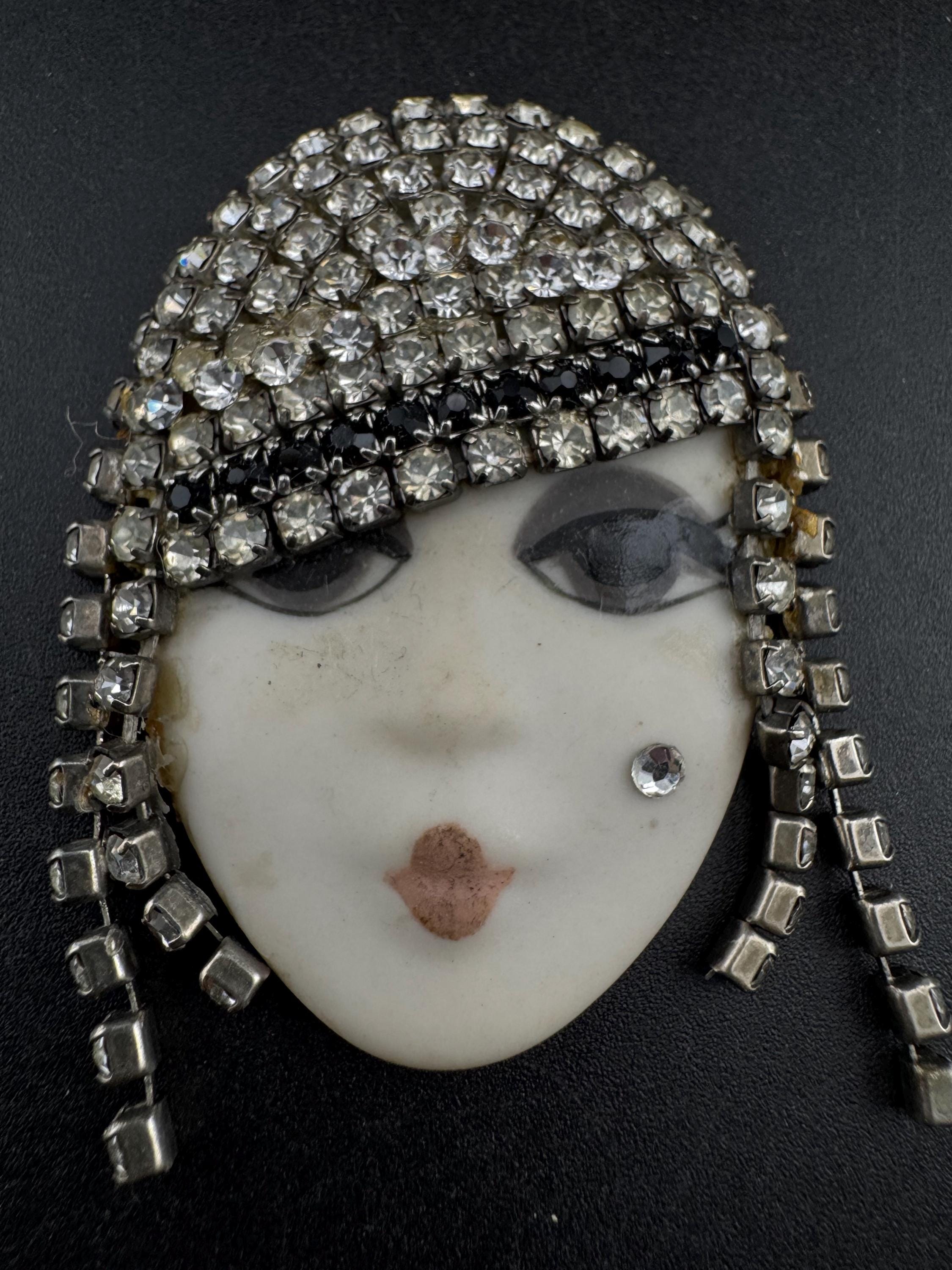Signed Vintage porcelain rhinestone ceramic flapper face brooch: art deco lady pin