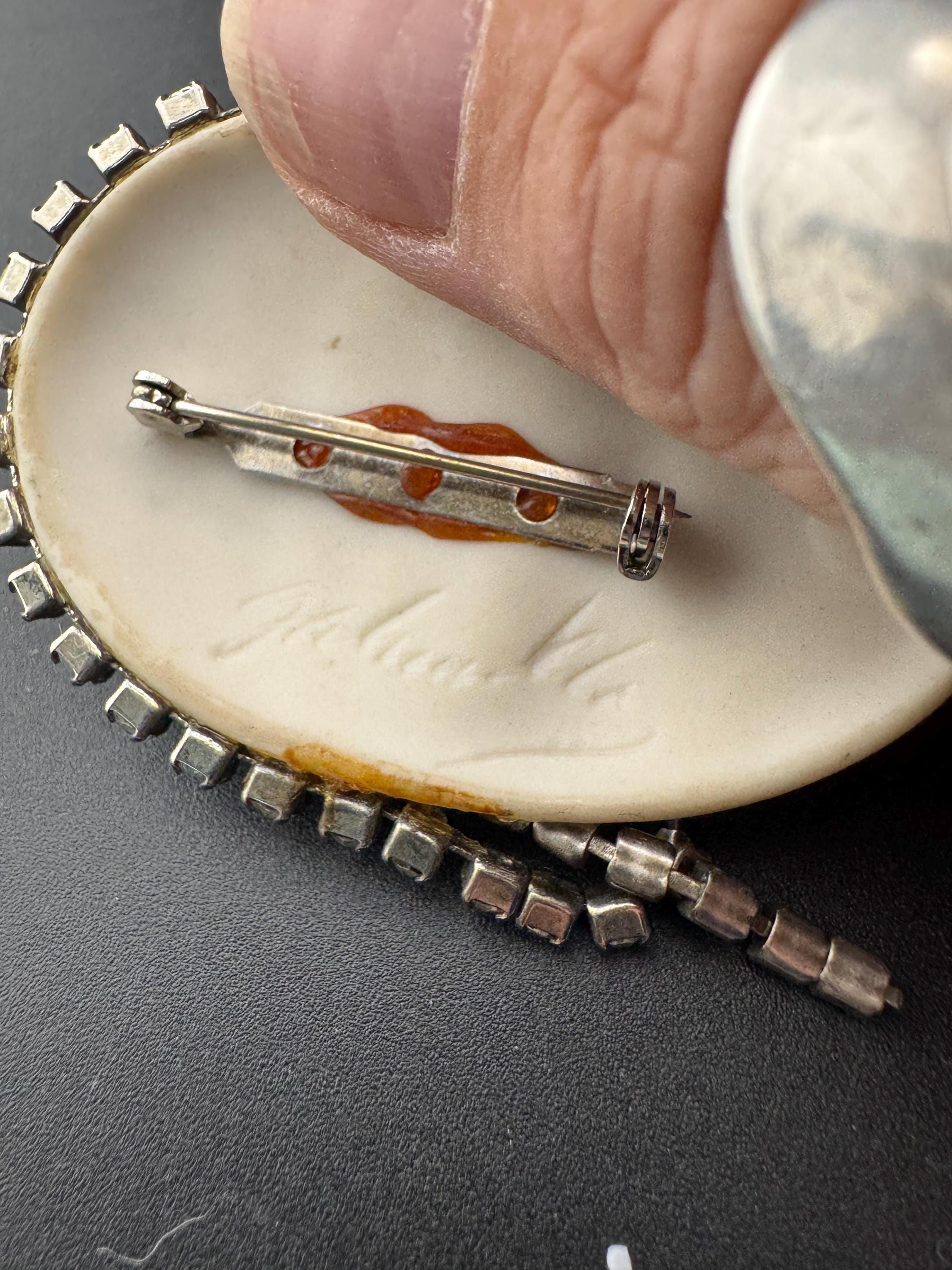 Signed Vintage porcelain rhinestone ceramic flapper face brooch: art deco lady pin