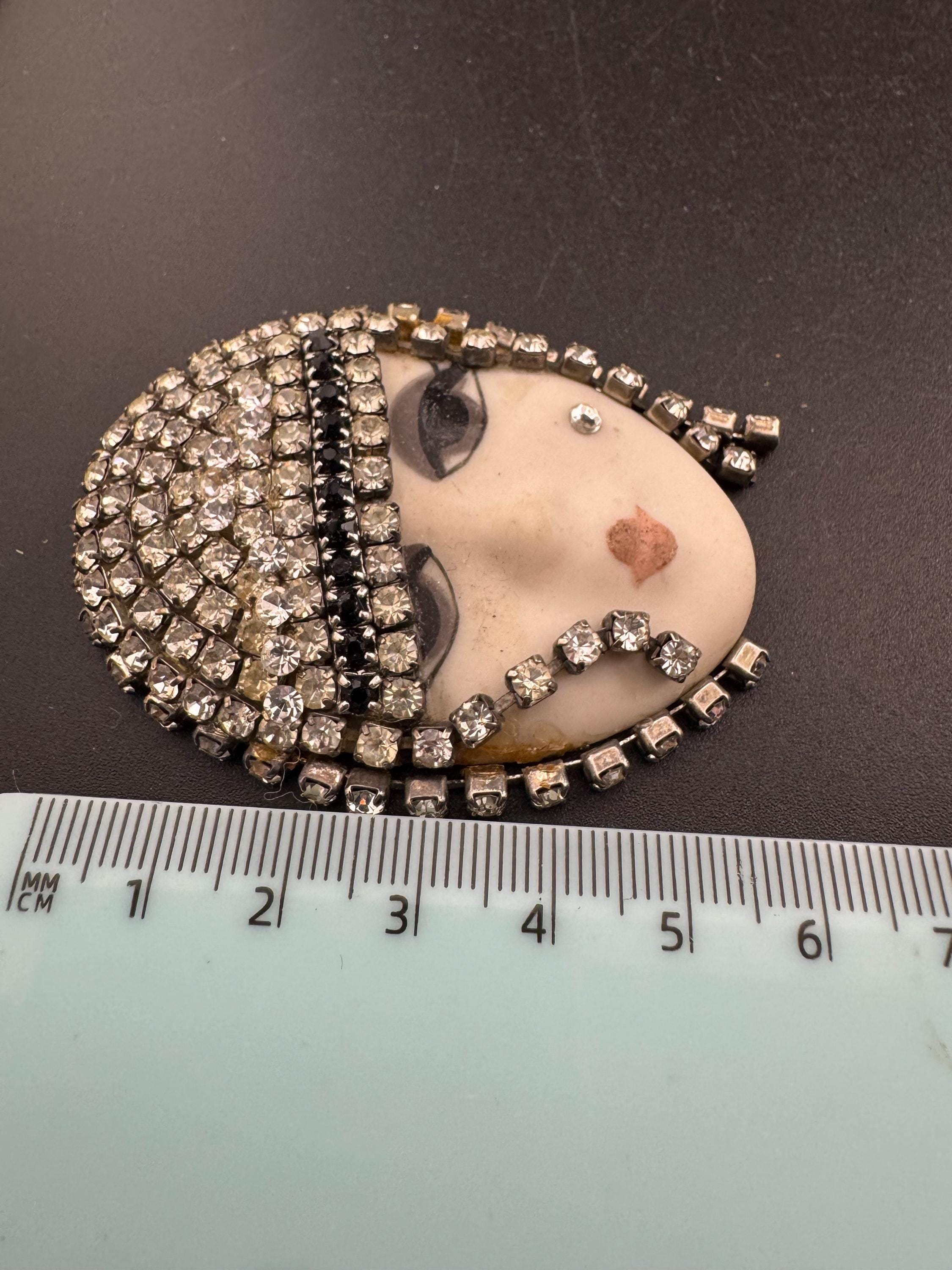 Signed Vintage porcelain rhinestone ceramic flapper face brooch: art deco lady pin