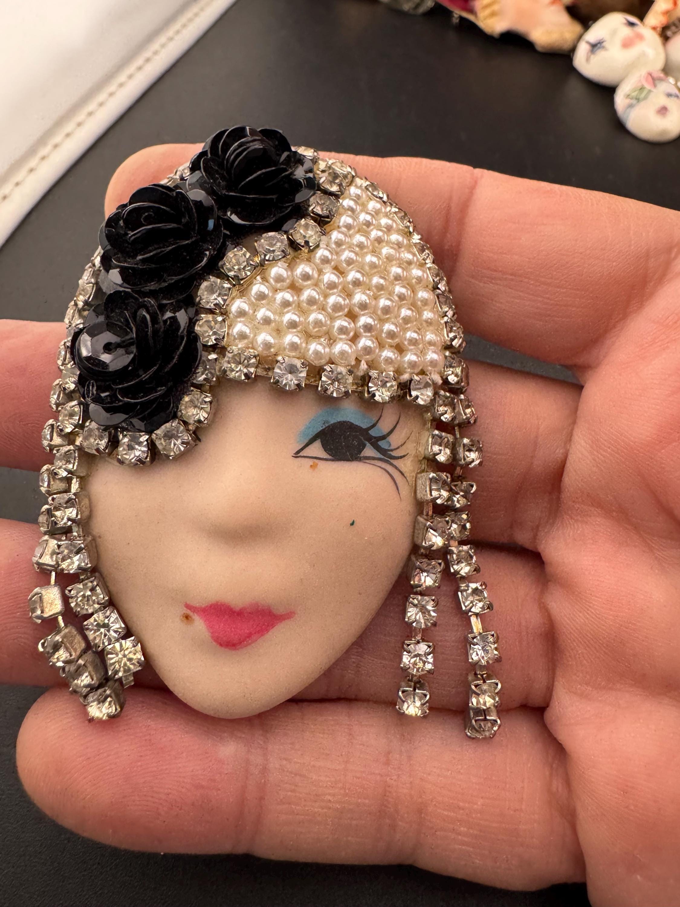 Signed Vintage Rhinestone Flapper Brooch - Art Deco Lady Pin