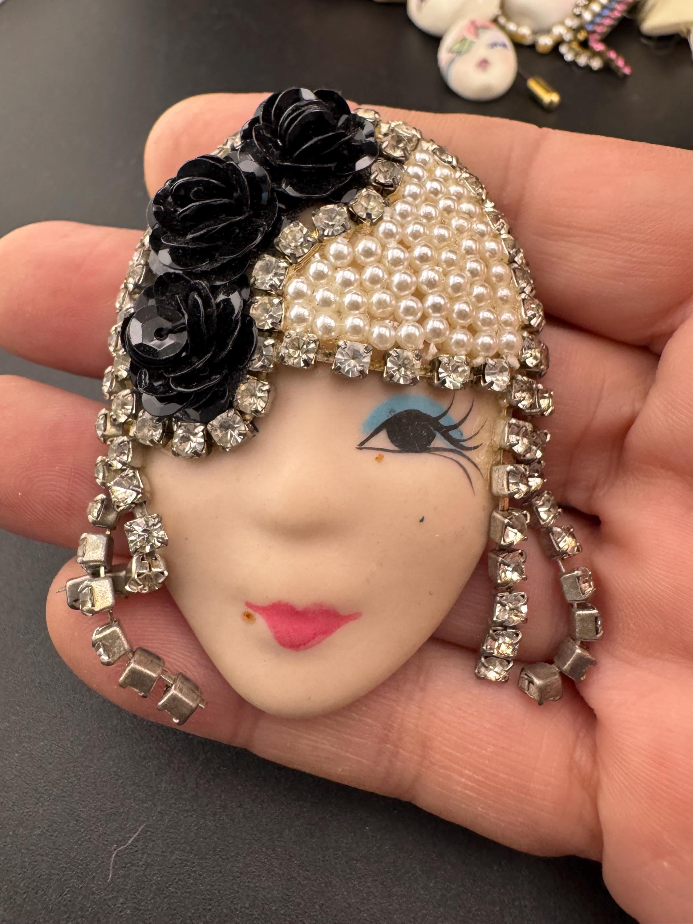 Signed Vintage Rhinestone Flapper Brooch - Art Deco Lady Pin