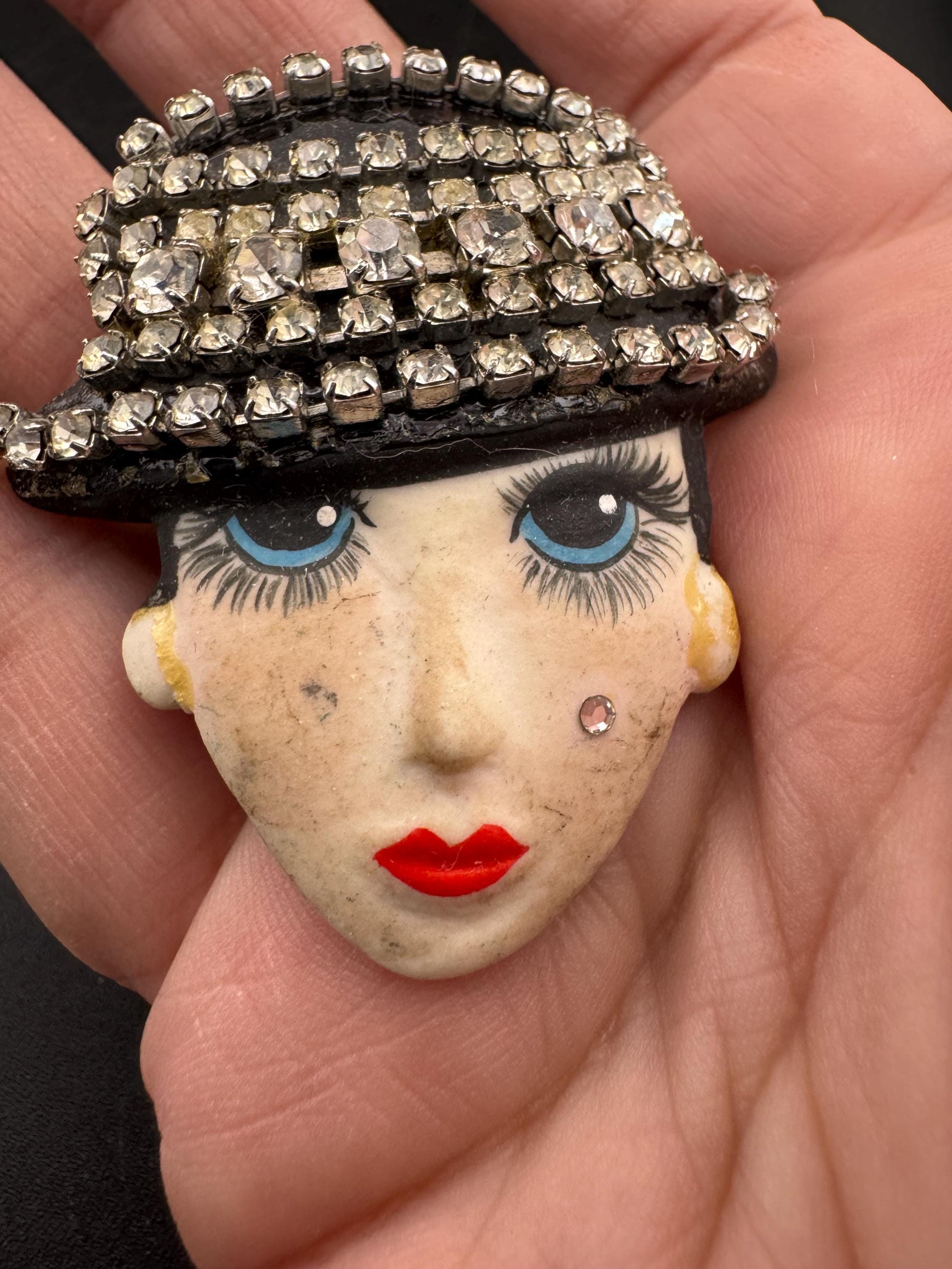 Signed Vintage porcelain rhinestone ceramic flapper face brooch: art deco lady pin