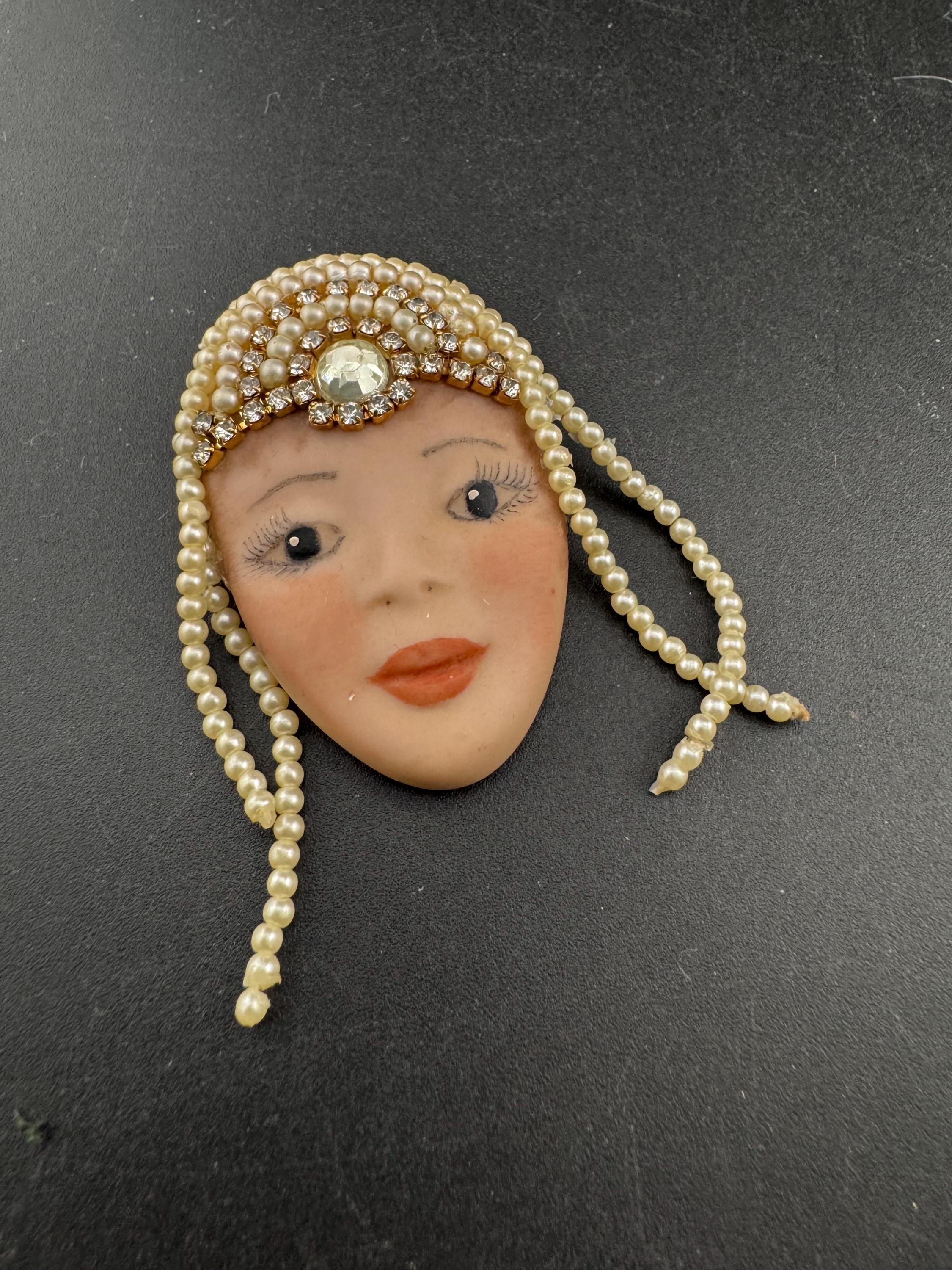 Signed Vintage Porcelain Flapper Brooch: Art Deco Lady Pin with Rhinestones & Pearls
