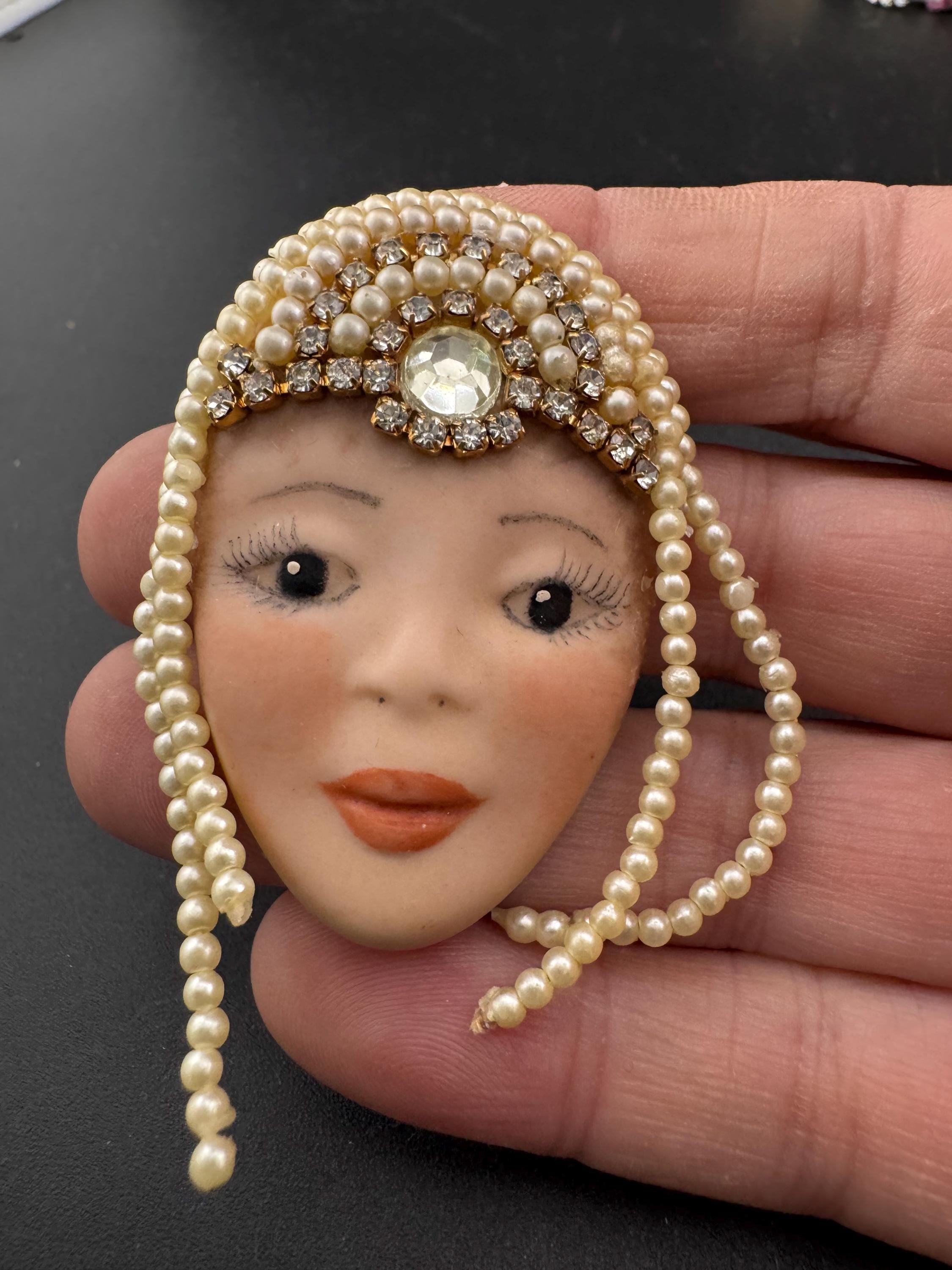 Signed Vintage Porcelain Flapper Brooch: Art Deco Lady Pin with Rhinestones & Pearls