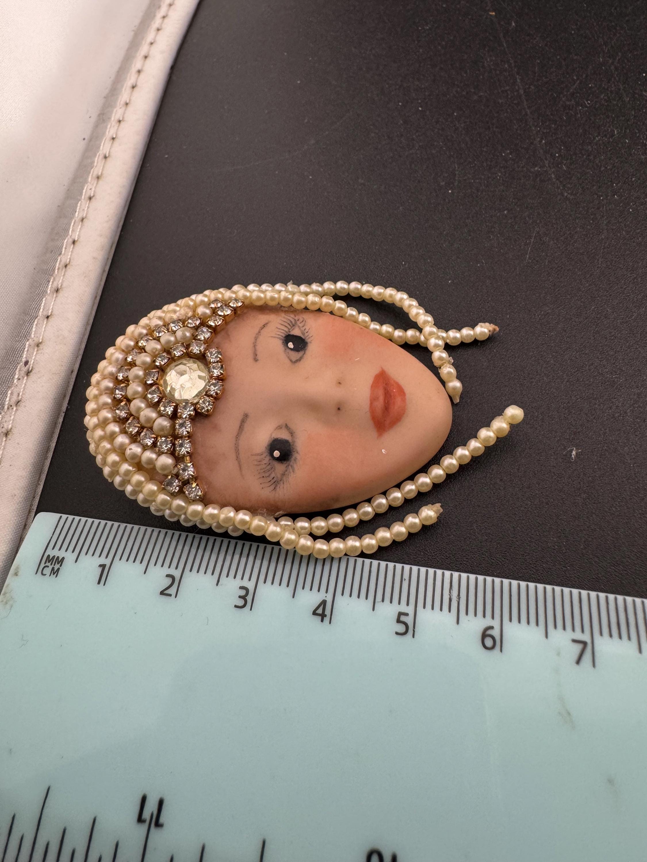 Signed Vintage Porcelain Flapper Brooch: Art Deco Lady Pin with Rhinestones & Pearls
