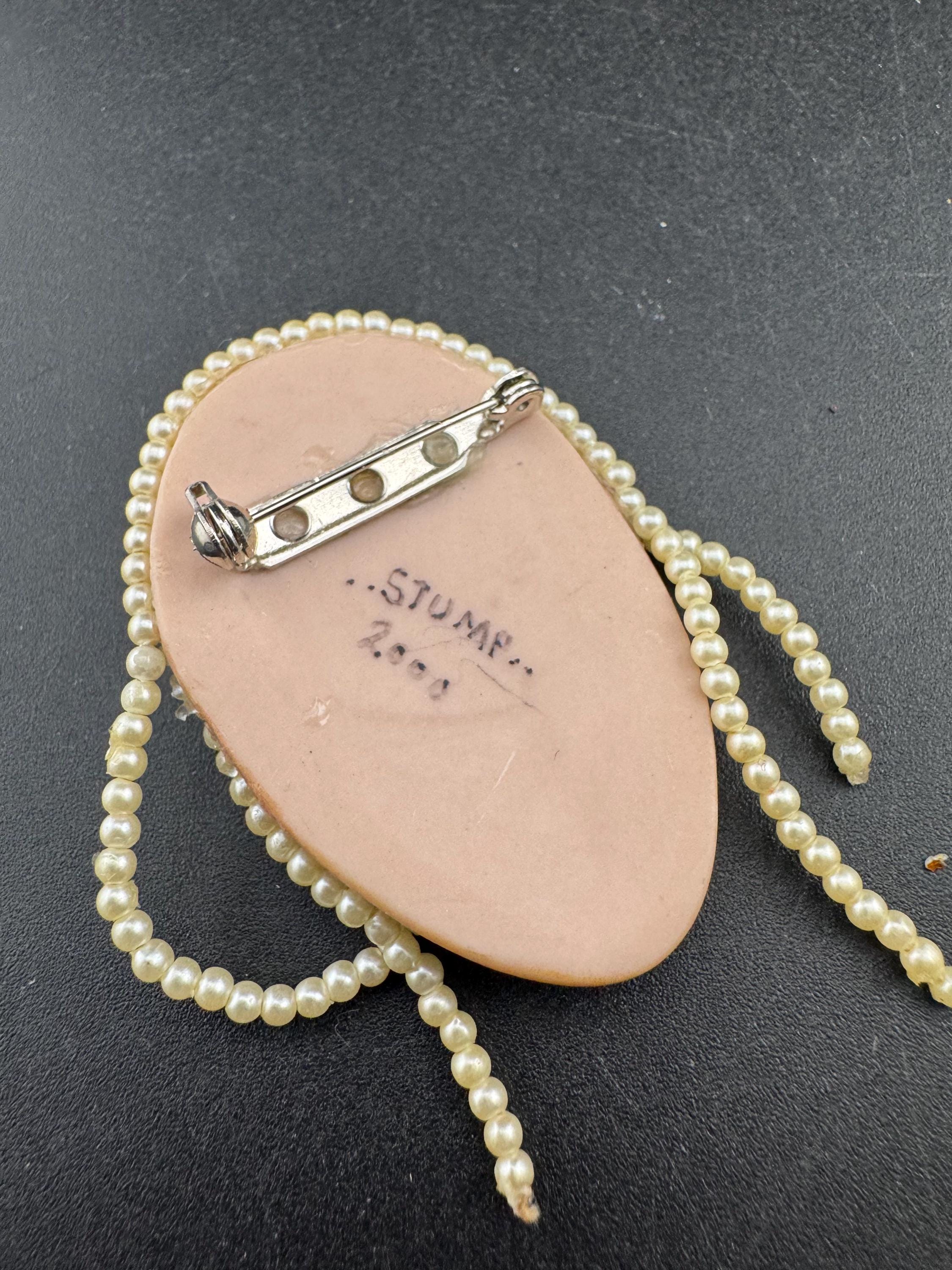 Signed Vintage Porcelain Flapper Brooch: Art Deco Lady Pin with Rhinestones & Pearls