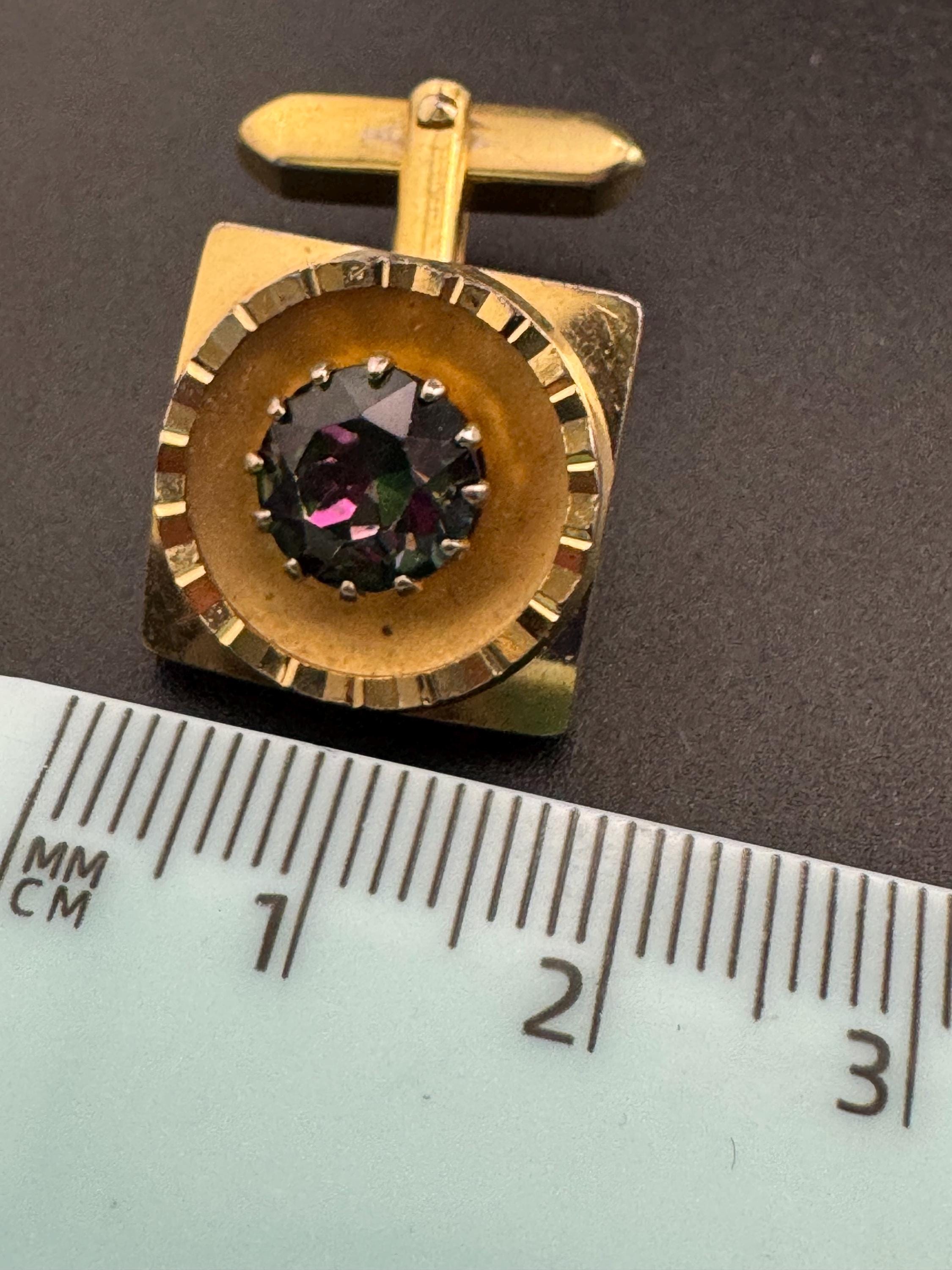 Vintage men’s gold cufflinks with purple rainbow crystal Rhinestones, Brutalist 1970s