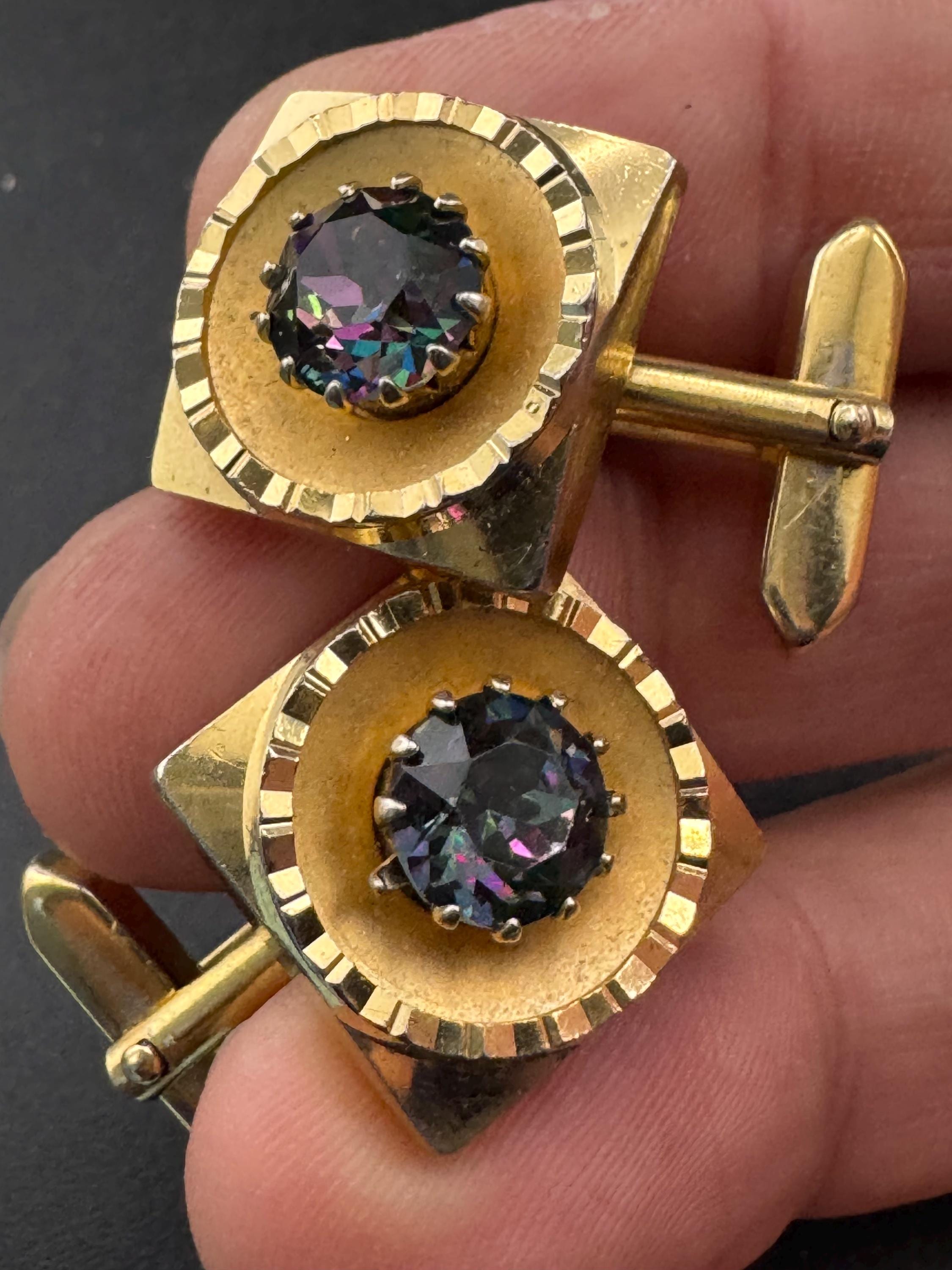 Vintage men’s gold cufflinks with purple rainbow crystal Rhinestones, Brutalist 1970s