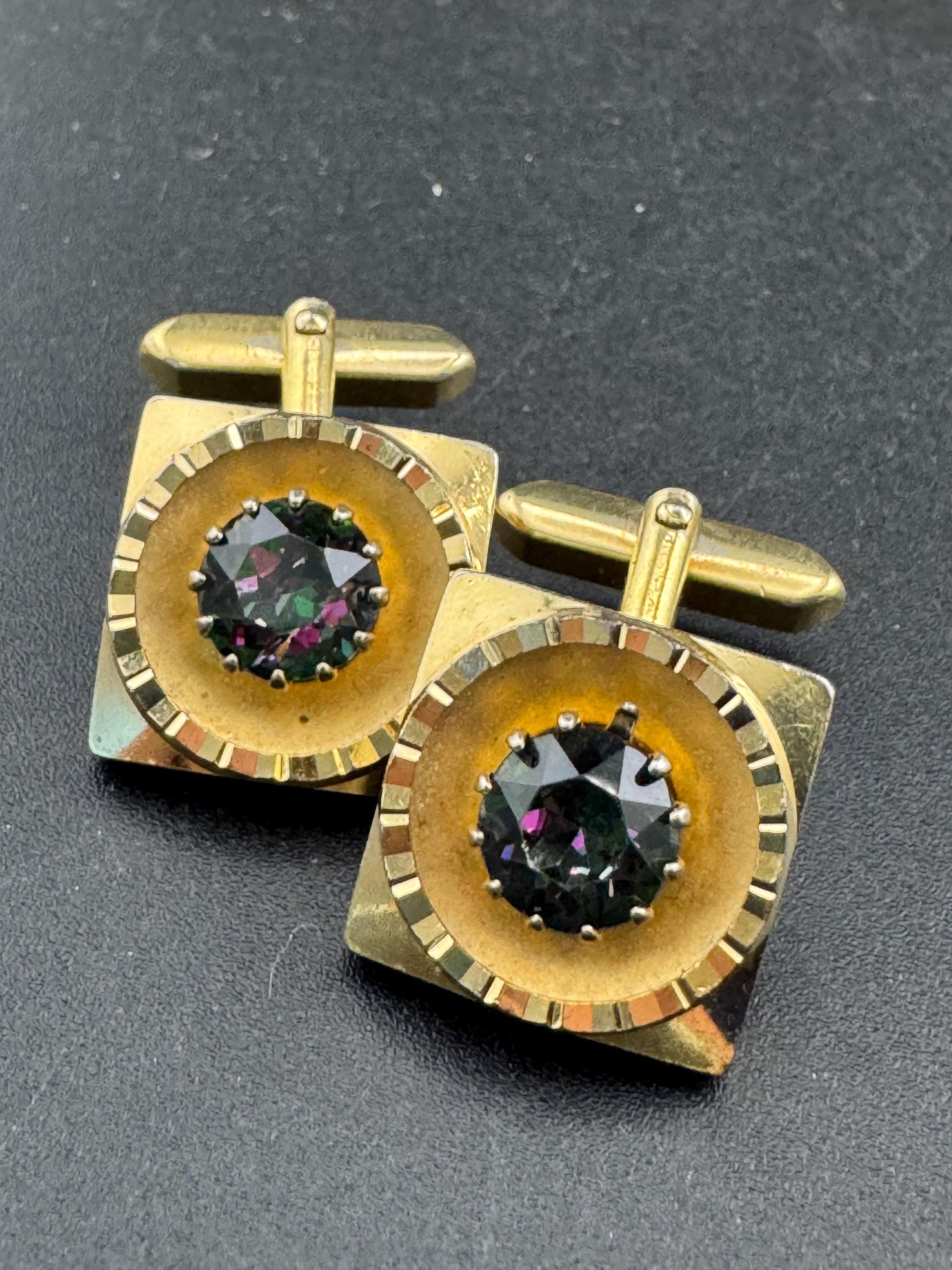 Vintage men’s gold cufflinks with purple rainbow crystal Rhinestones, Brutalist 1970s