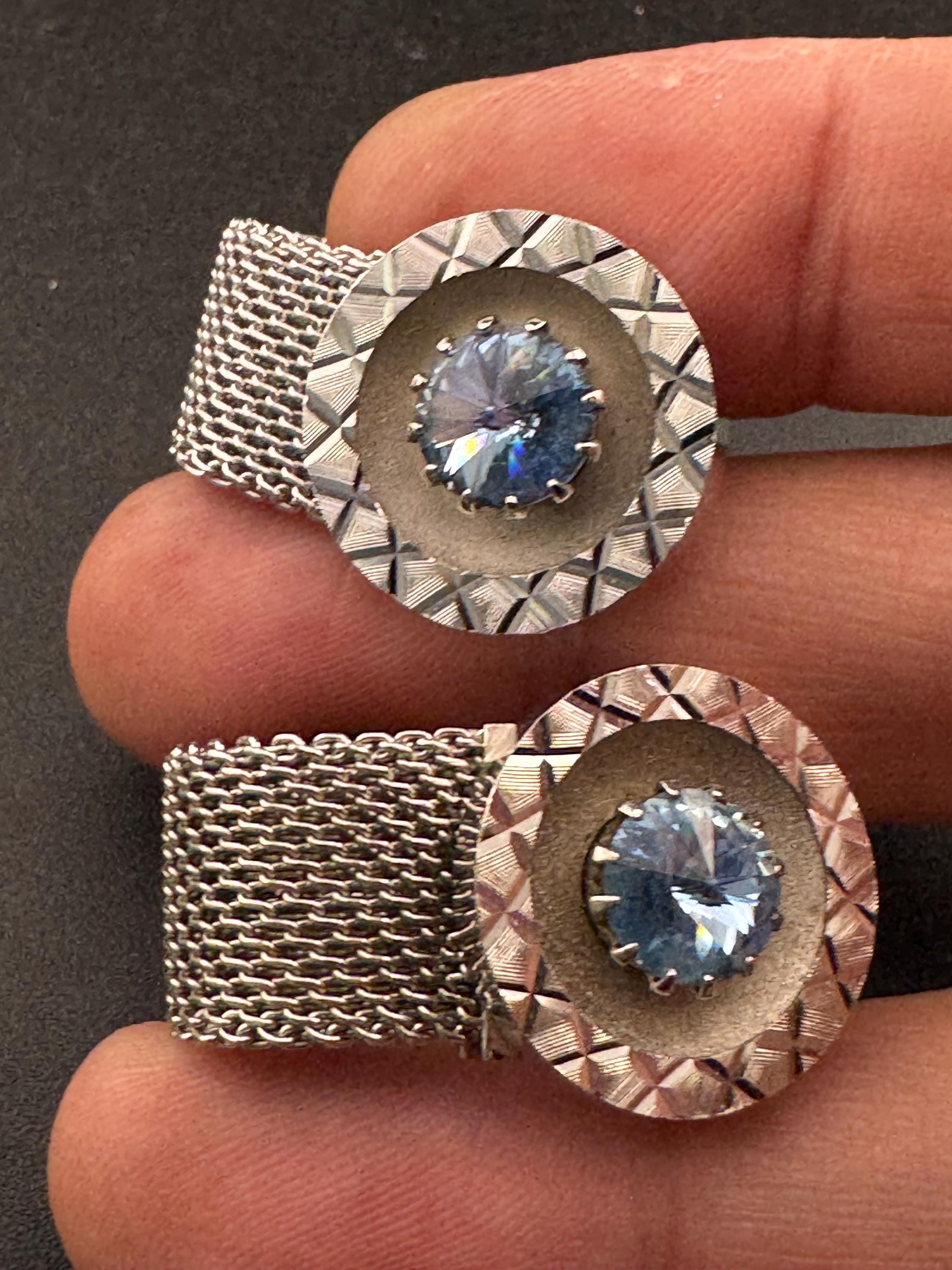 Vintage men’s silver mesh cufflinks with blue diamanté rhinestones , Brutalist 1970s