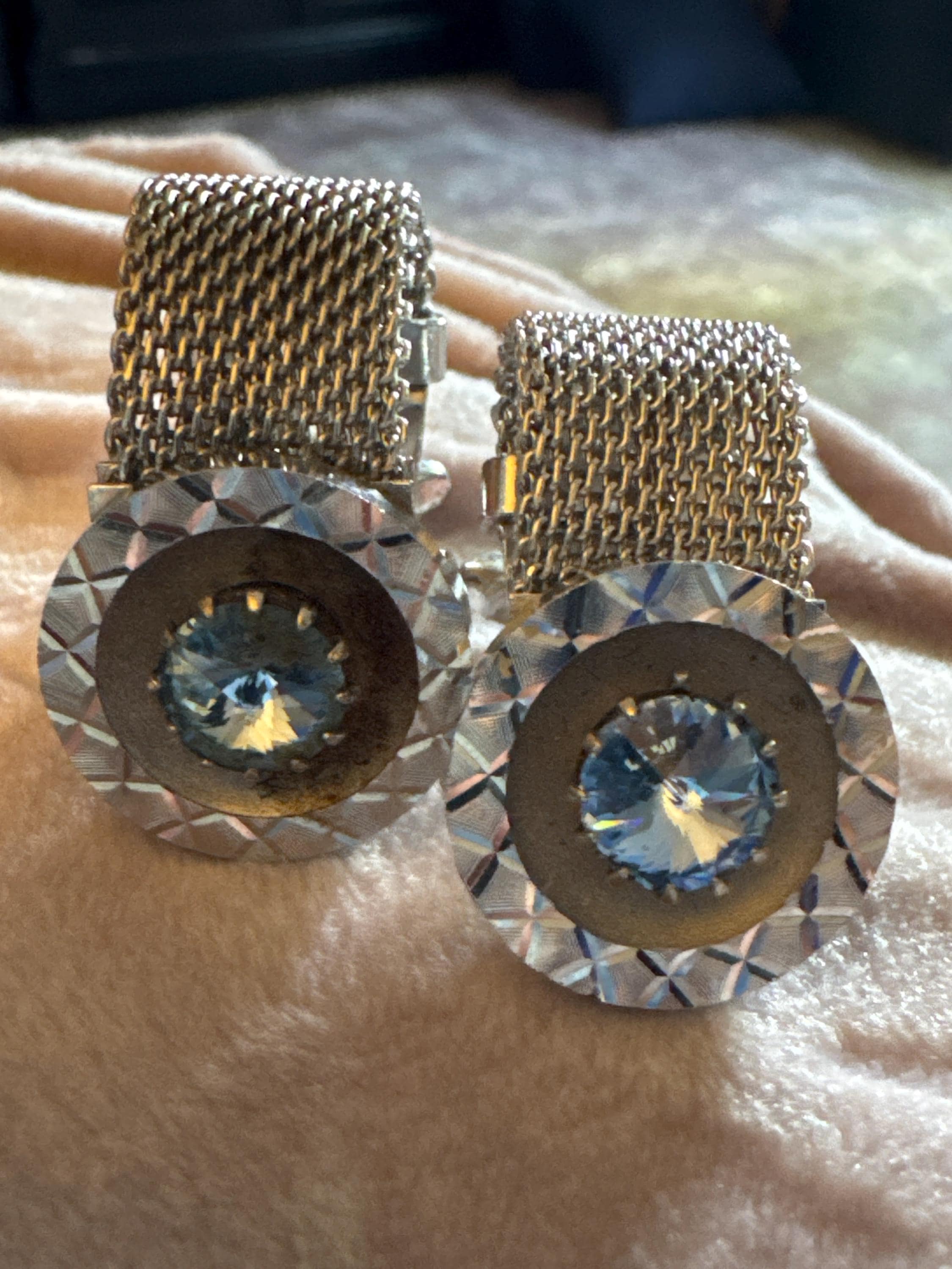 Vintage men’s silver mesh cufflinks with blue diamanté rhinestones , Brutalist 1970s