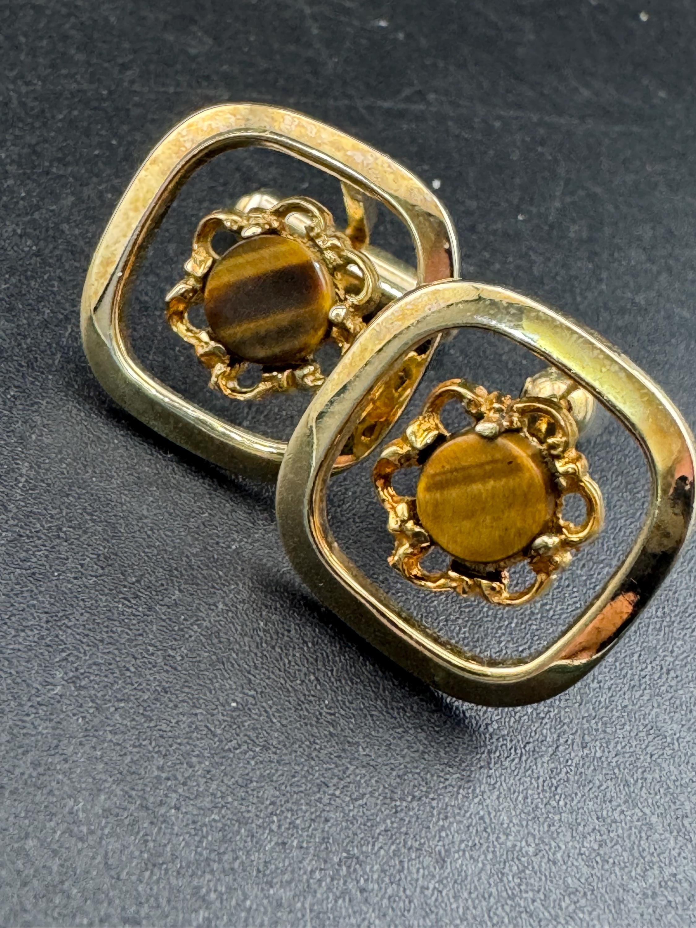 Vintage Brutalist 1970s brown tigerseye gemstone gold tone cufflinks