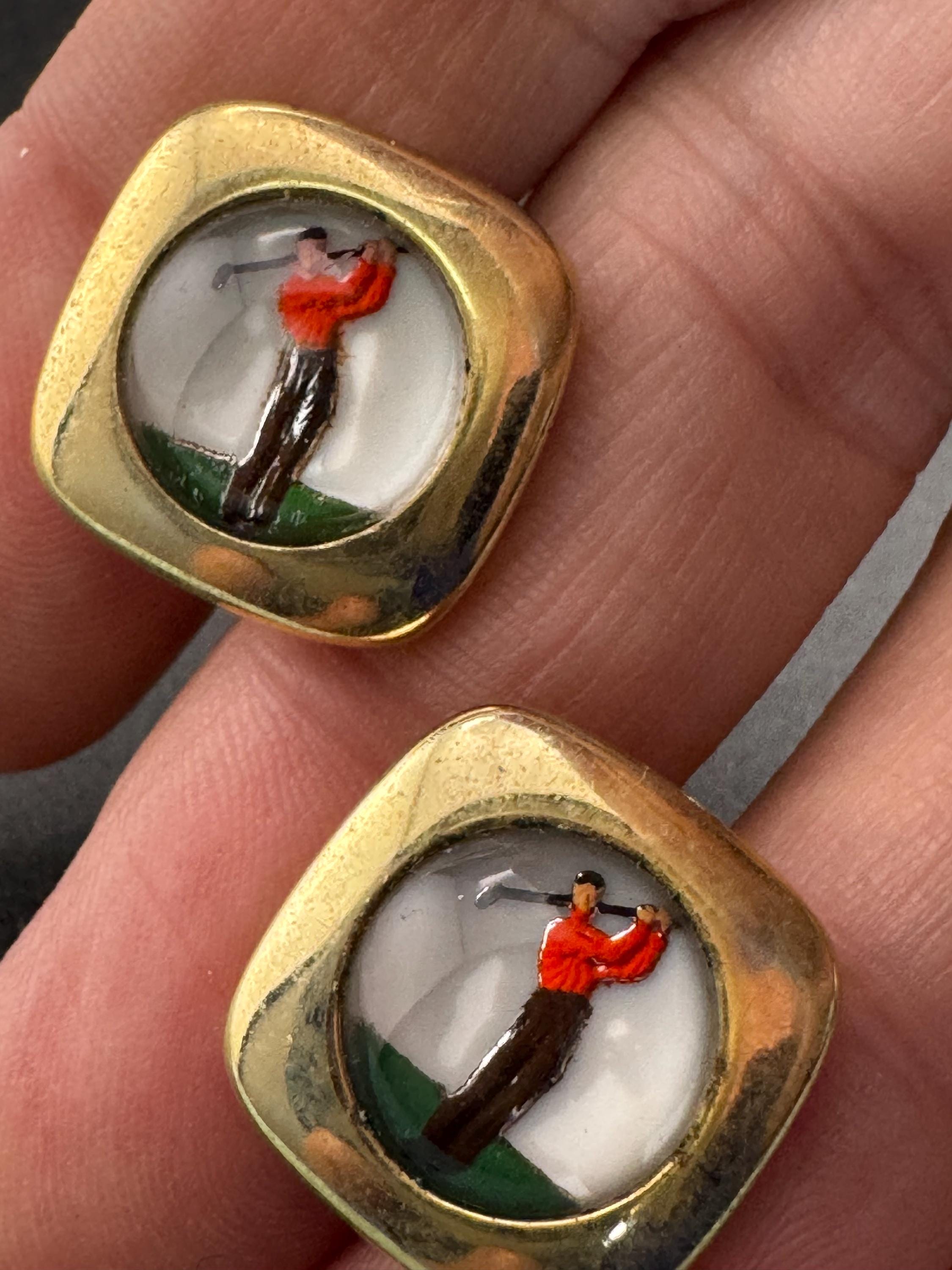 Vintage men’s golfer cufflinks, mid century reverse carved, golf