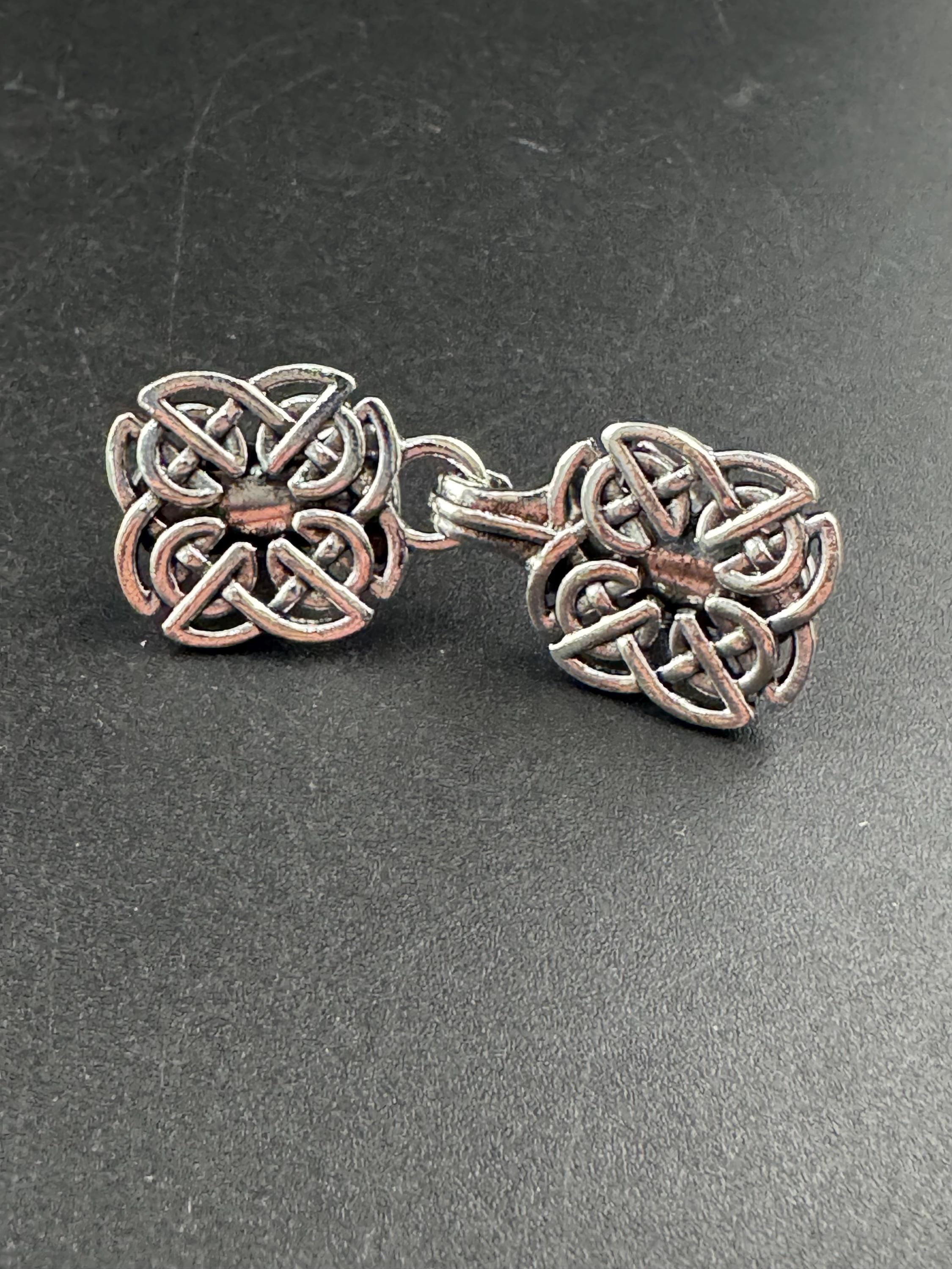 Silver cloak clasp, Celtic Scottish style cross cardigan clip, spring hinged closure