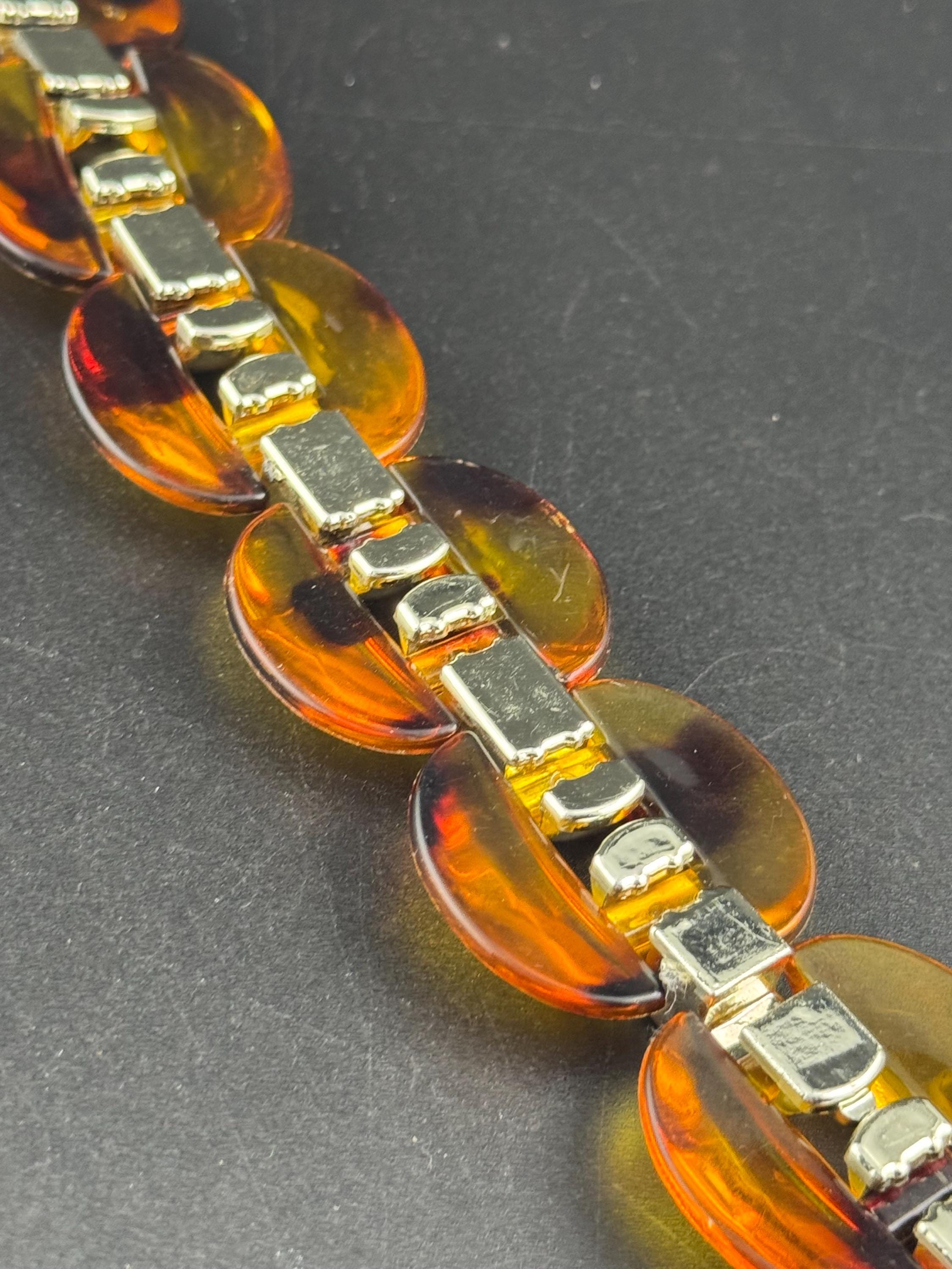 Brown acrylic chain link bracelet, vintage, chunky oversized gold tone