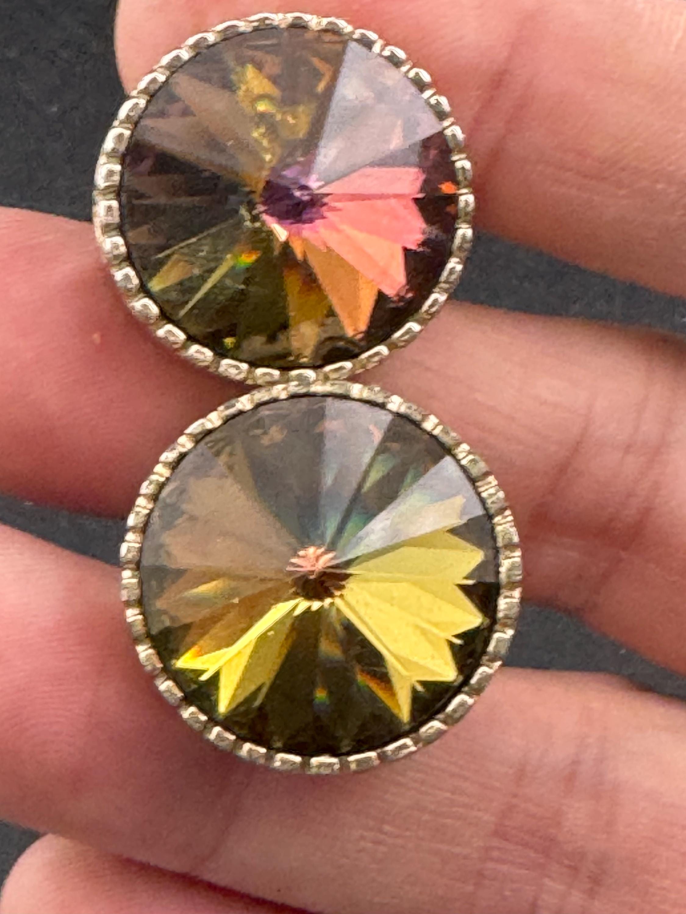 Vintage men’s gold cufflinks with brown green Rivoli crystal Rhinestones, Brutalist 1970s