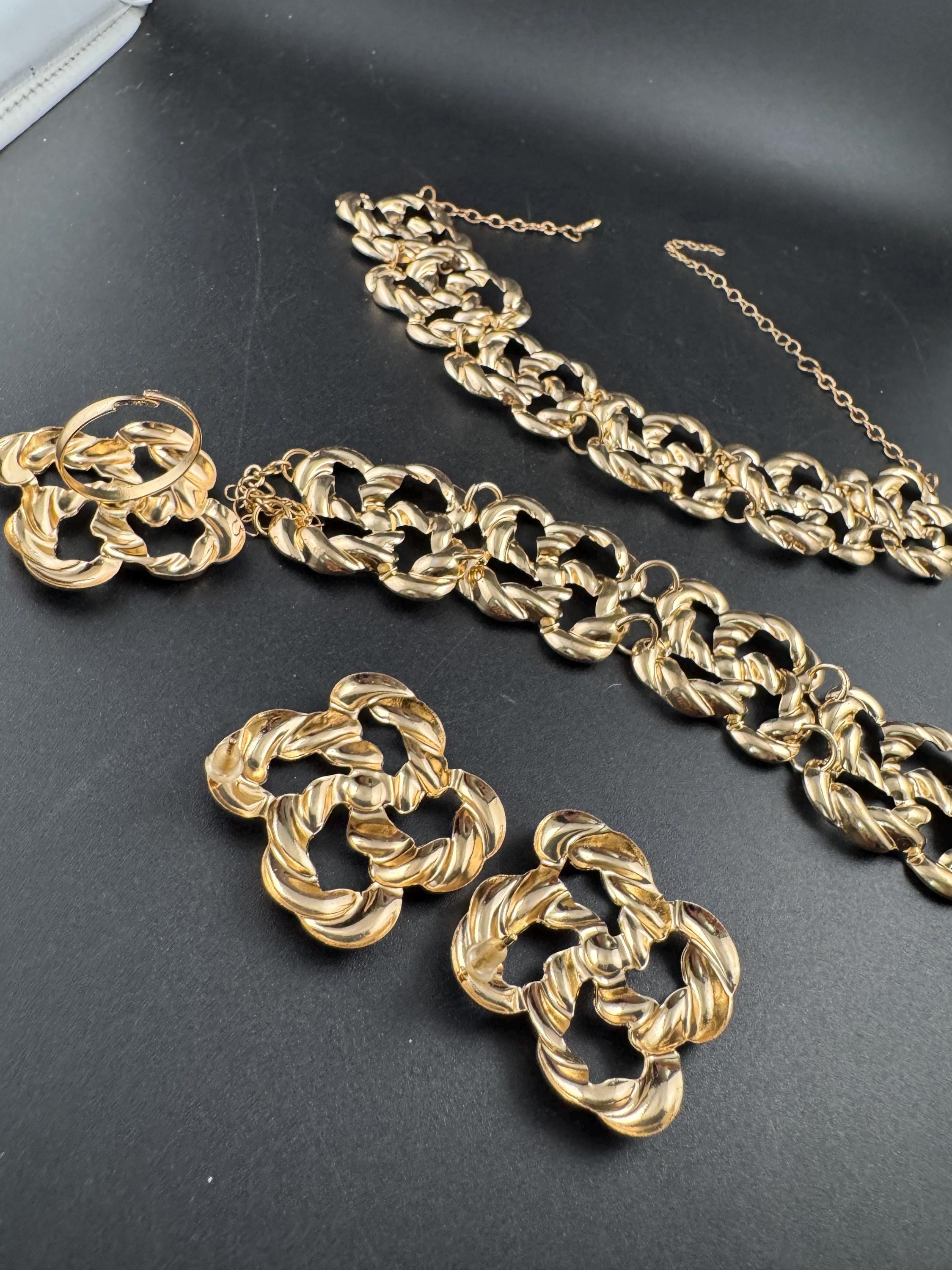 Retro chunky necklace and bracelet ring and earring jewellery set, lightweight stamped metal