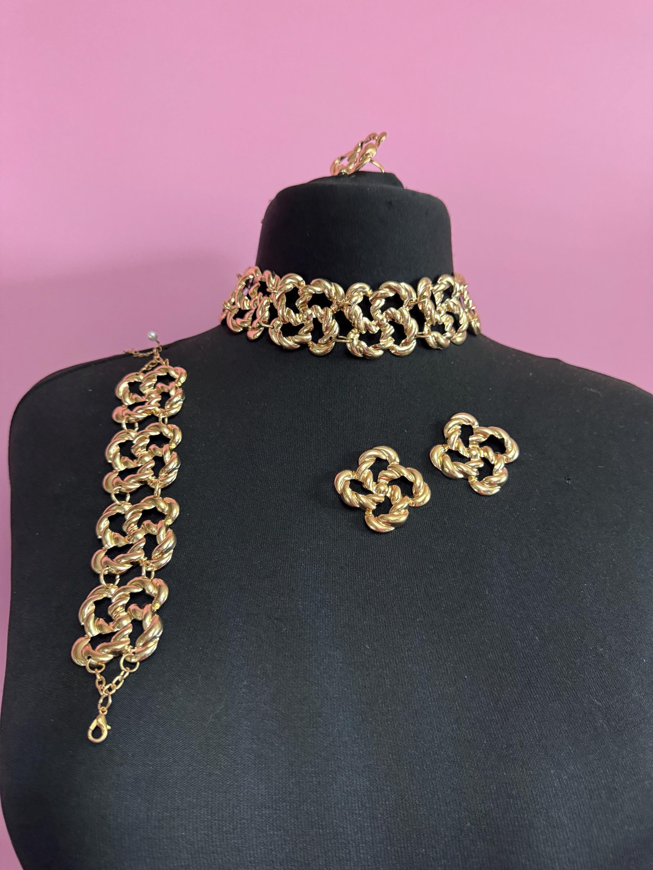 Retro chunky necklace and bracelet ring and earring jewellery set, lightweight stamped metal