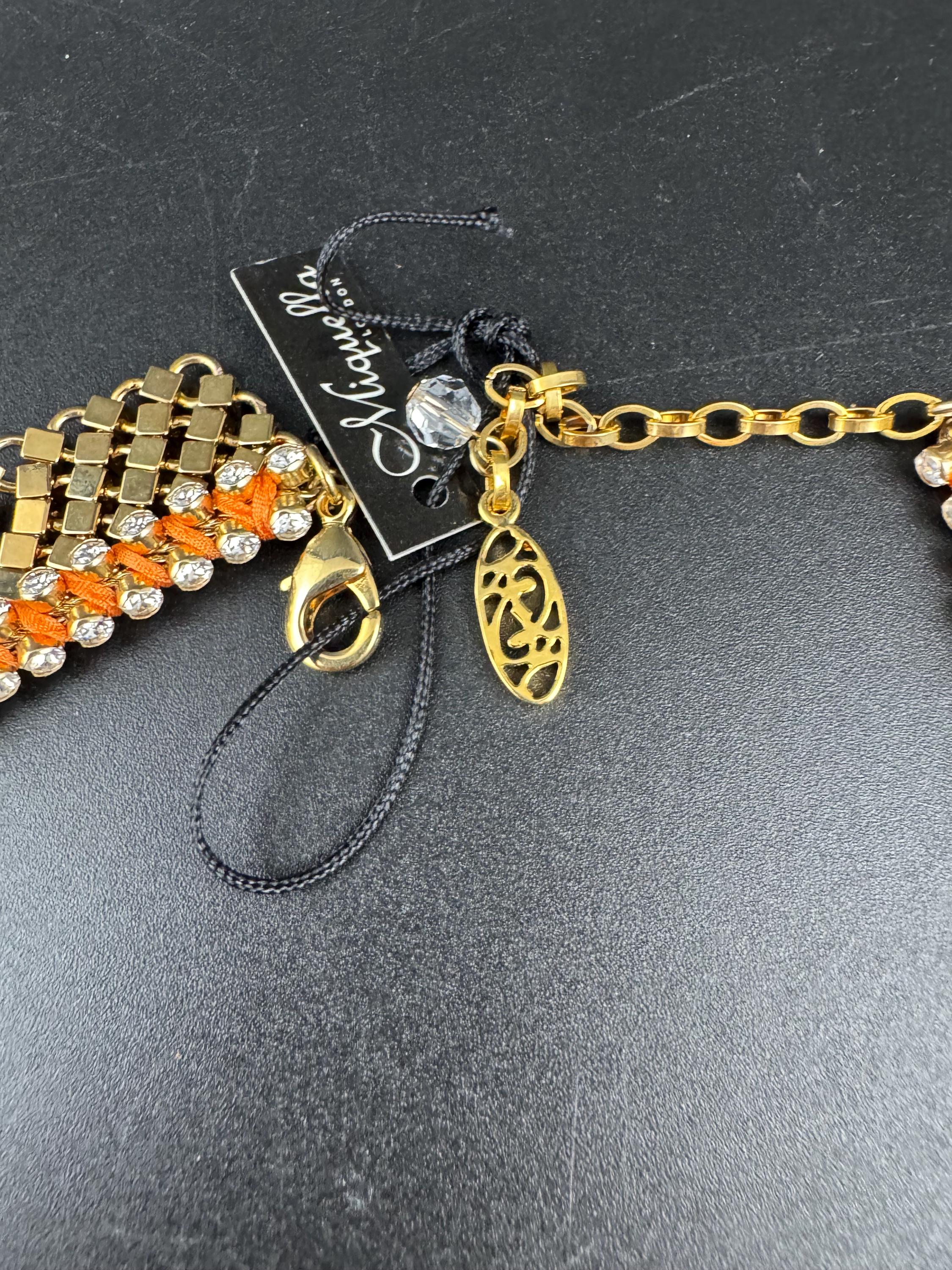 Vintage gold mesh chainmail bib necklace, Swarovski crystal orange silk