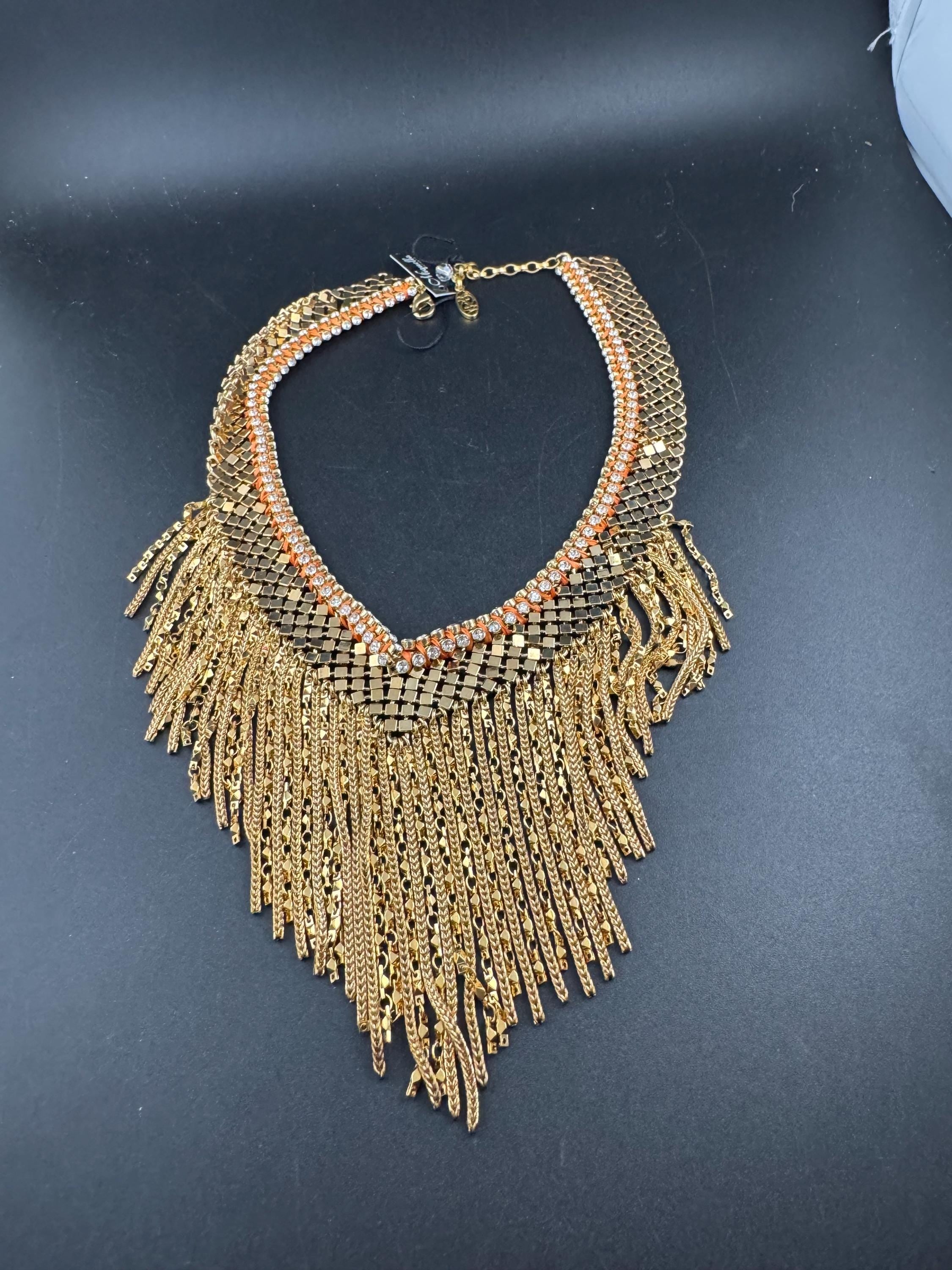 Vintage gold mesh chainmail bib necklace, Swarovski crystal orange silk