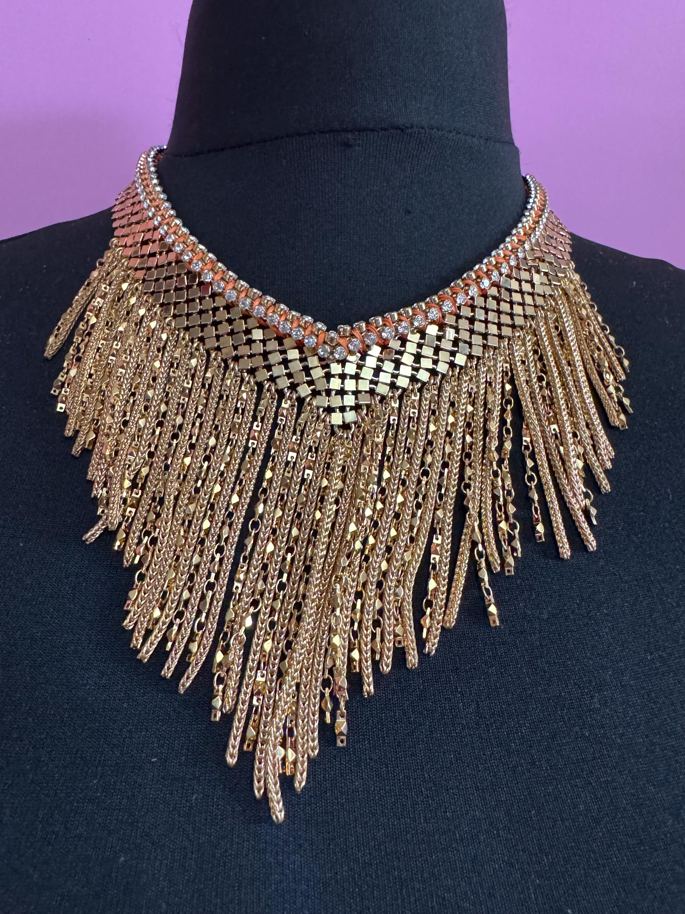 Vintage gold mesh chainmail bib necklace, Swarovski crystal orange silk