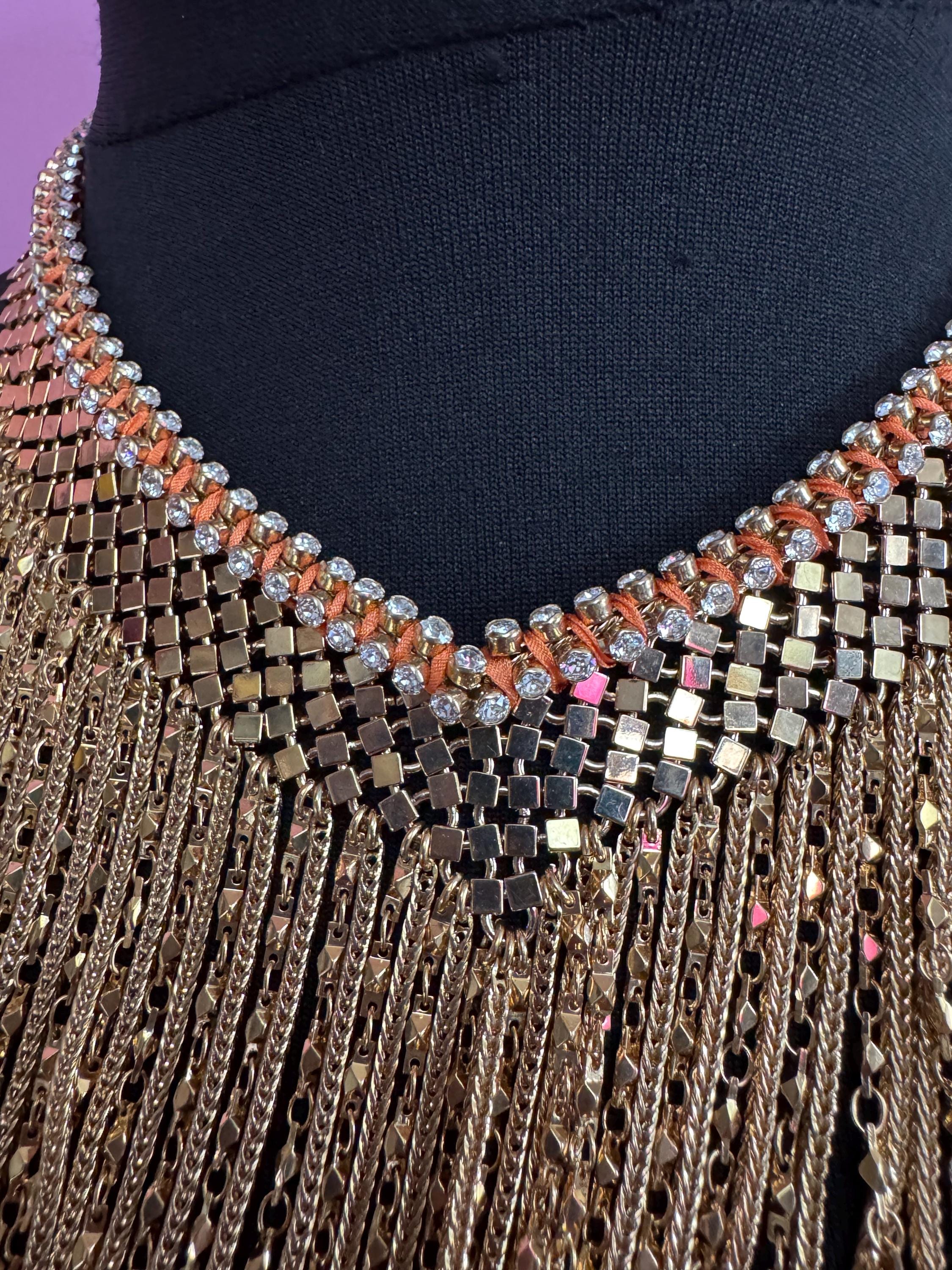 Vintage gold mesh chainmail bib necklace, Swarovski crystal orange silk
