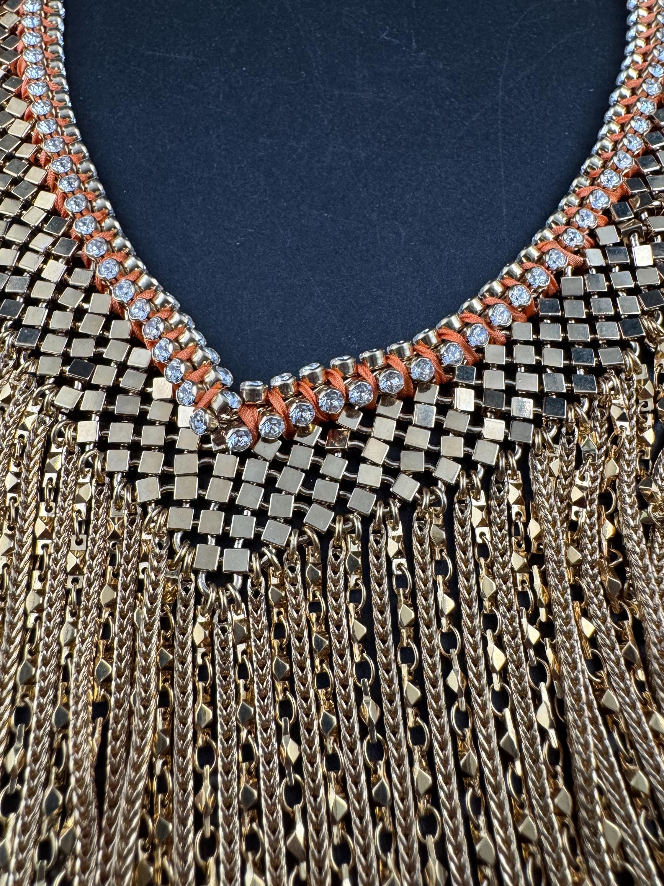 Vintage gold mesh chainmail bib necklace, Swarovski crystal orange silk