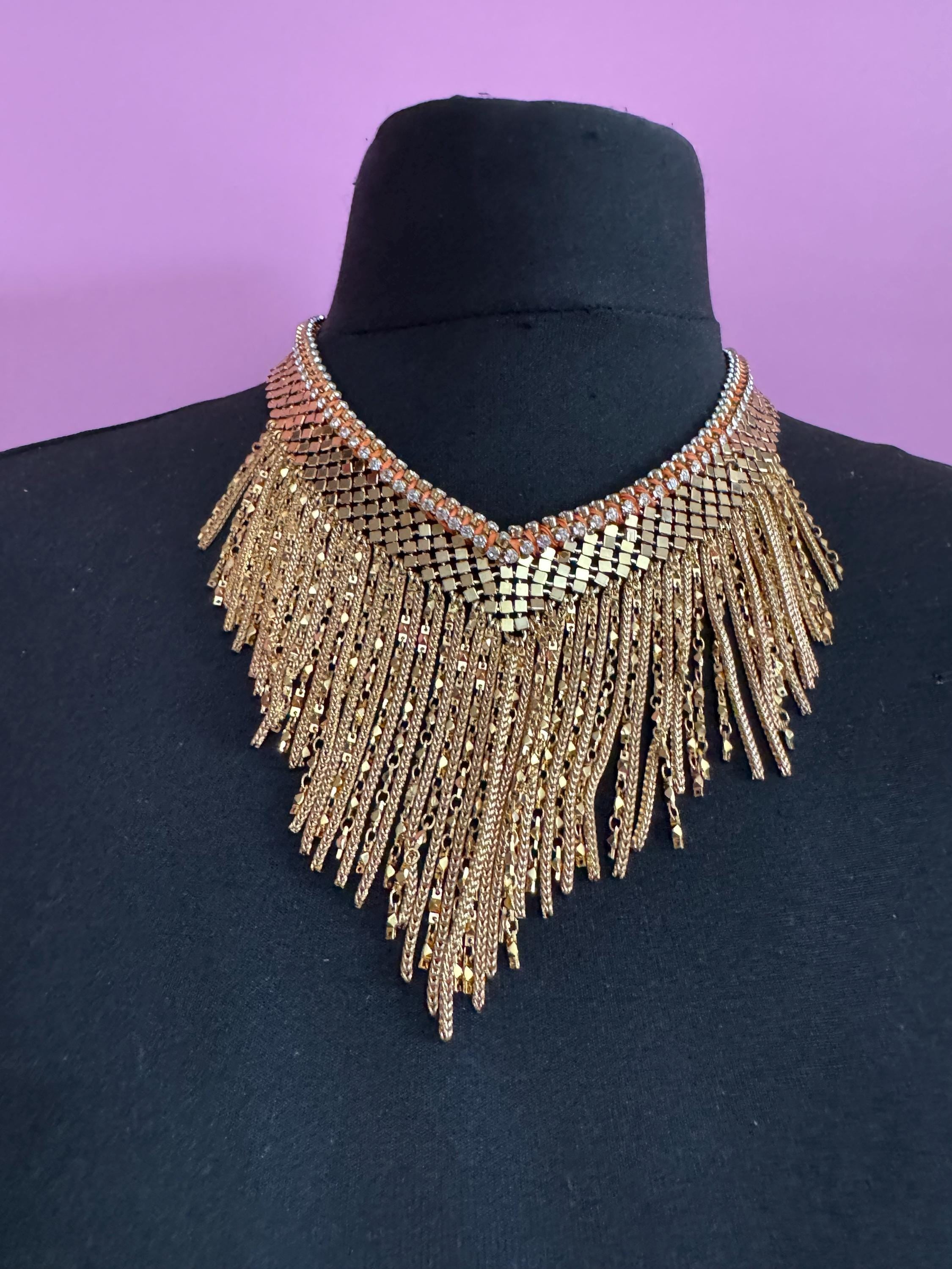 Vintage gold mesh chainmail bib necklace, Swarovski crystal orange silk