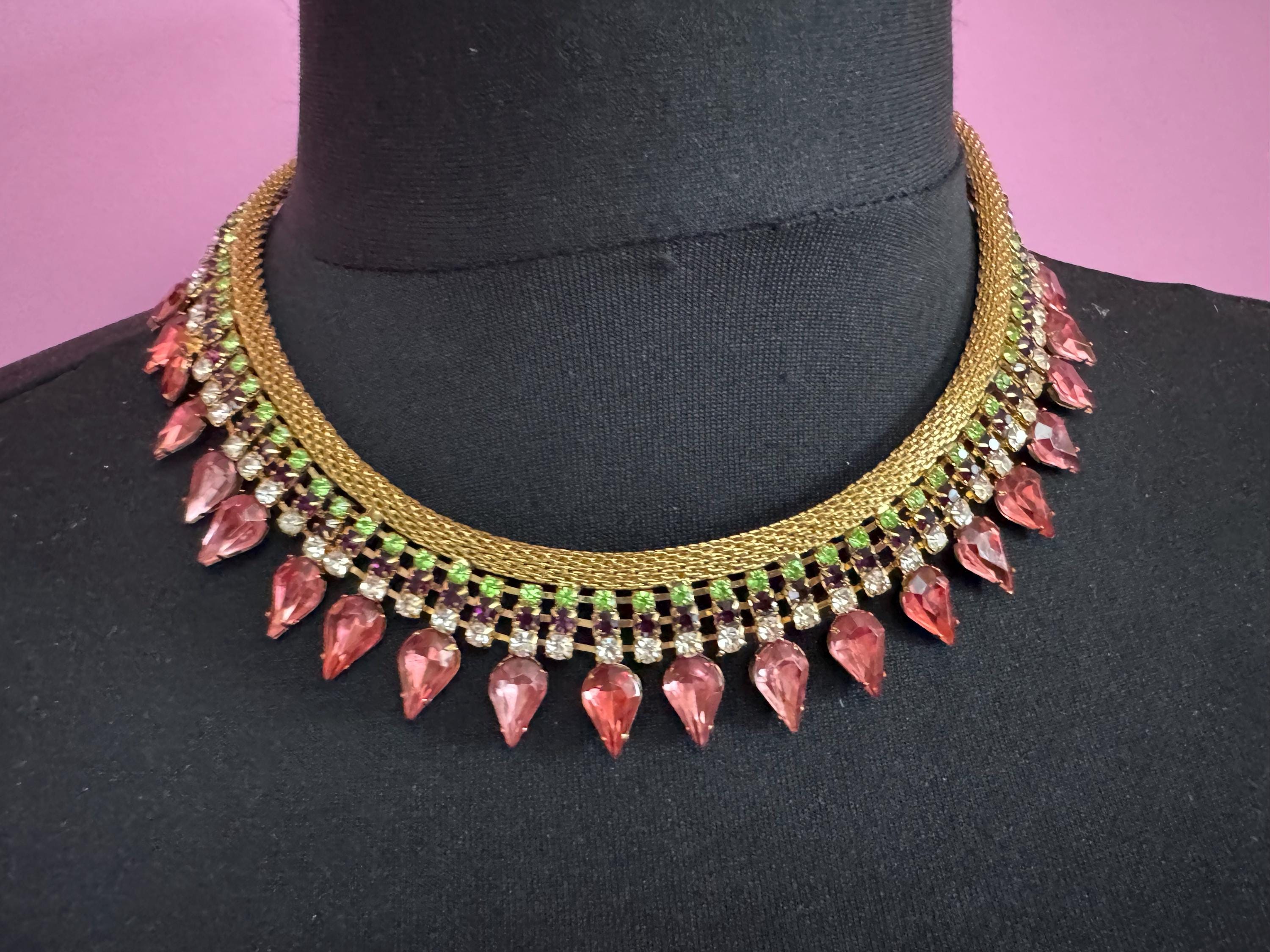 Gold mesh Pink green diamanté rhinestone choker necklace, Vintage gold tone