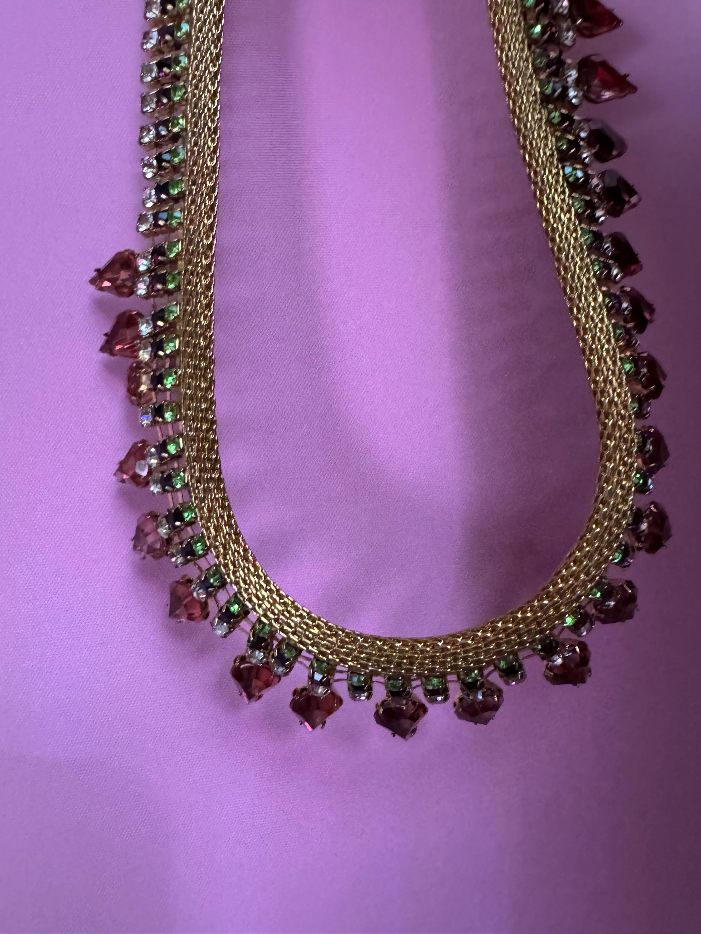 Gold mesh Pink green diamanté rhinestone choker necklace, Vintage gold tone