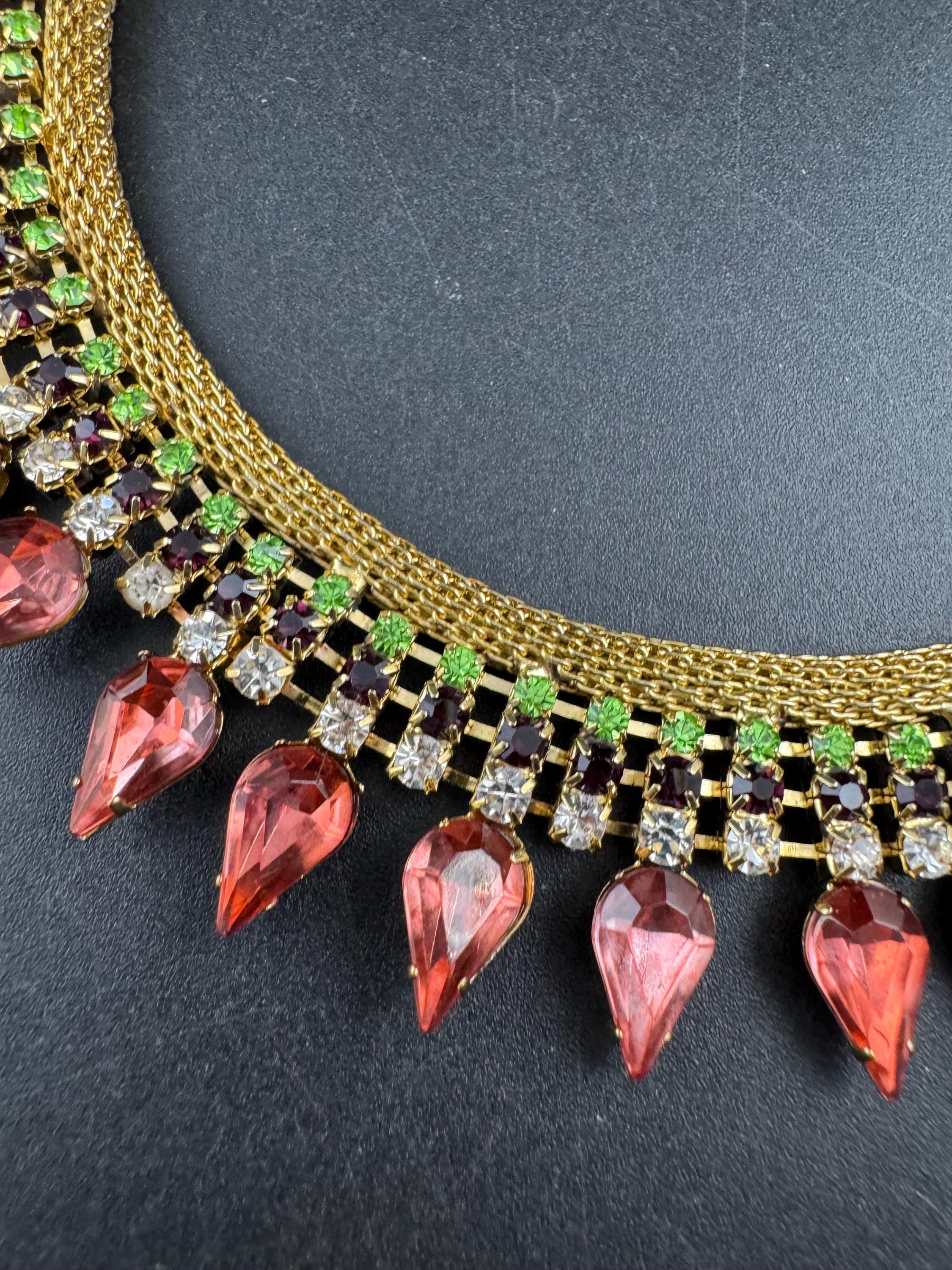 Gold mesh Pink green diamanté rhinestone choker necklace, Vintage gold tone