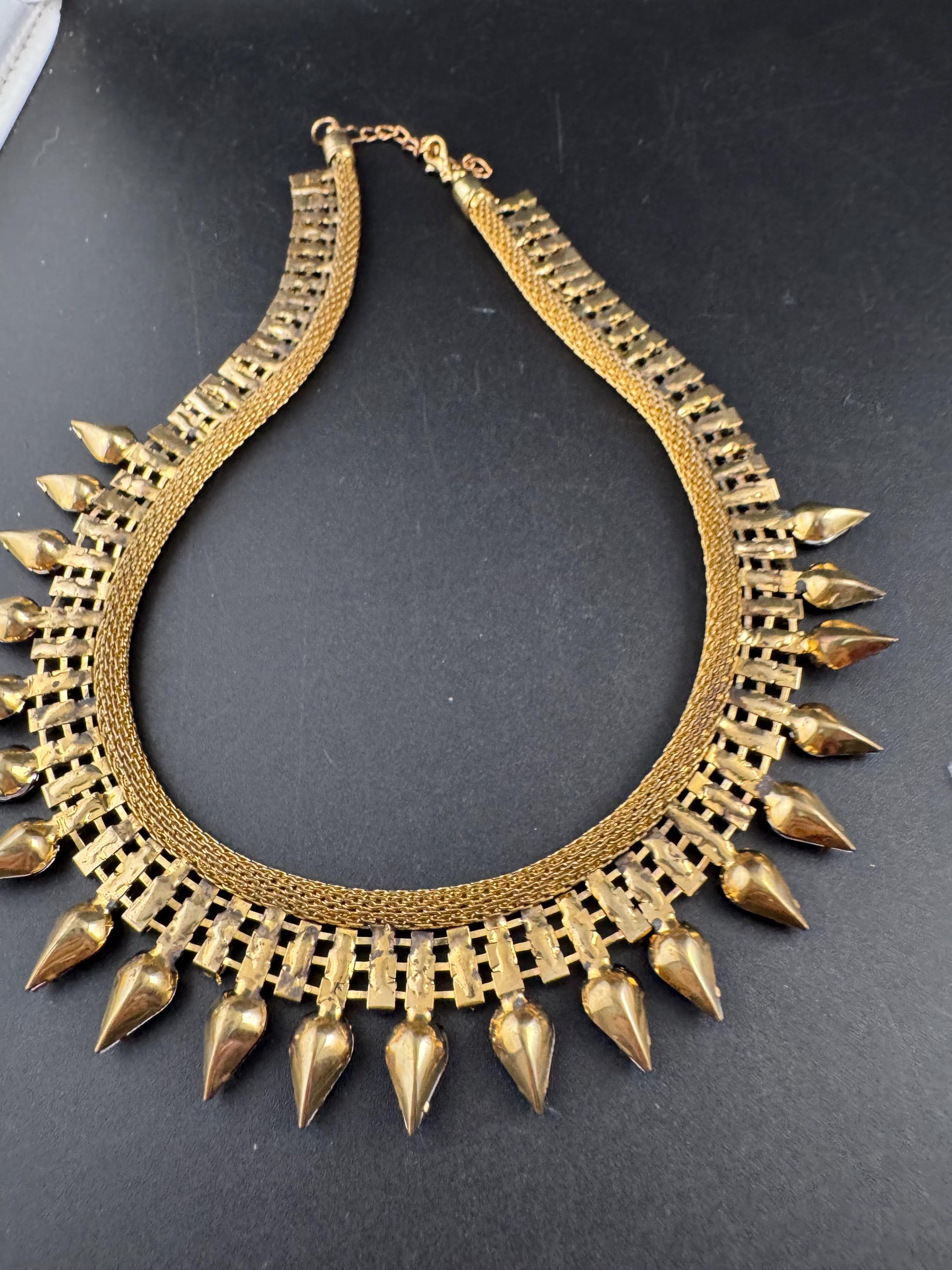 Gold mesh Pink green diamanté rhinestone choker necklace, Vintage gold tone