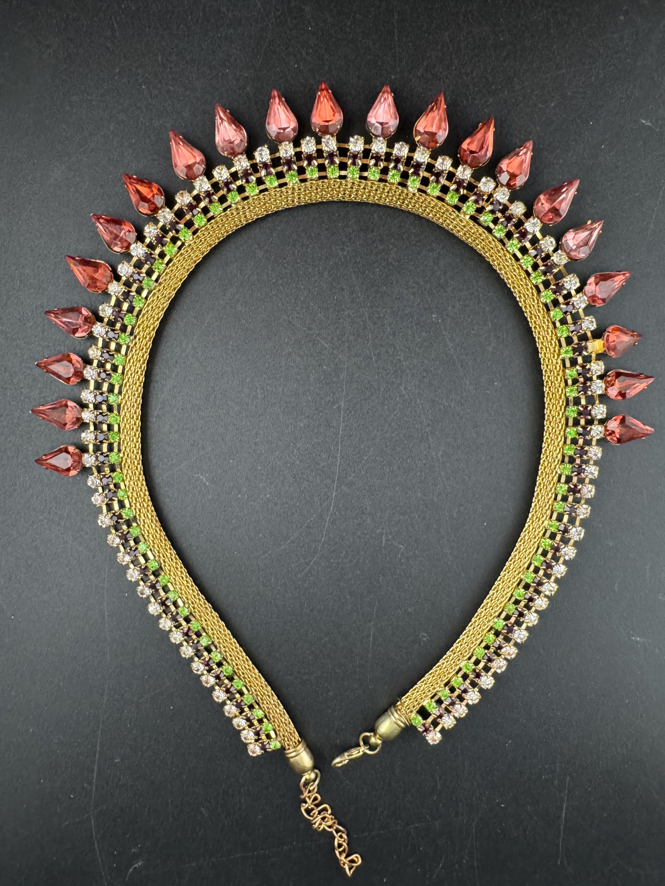 Gold mesh Pink green diamanté rhinestone choker necklace, Vintage gold tone