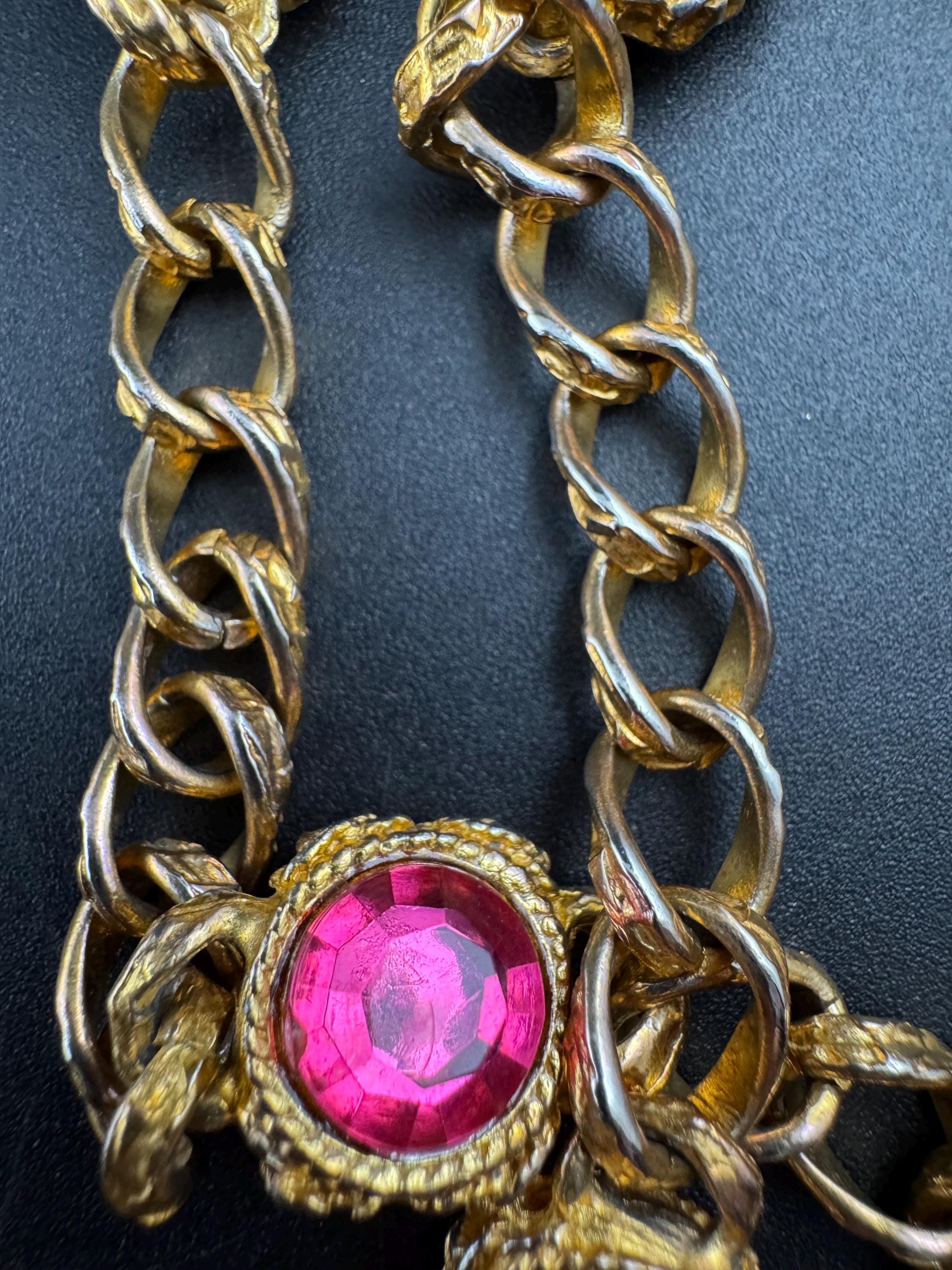 Vintage coloured rhinestone pink red blue green long curb chain station necklace 80cm