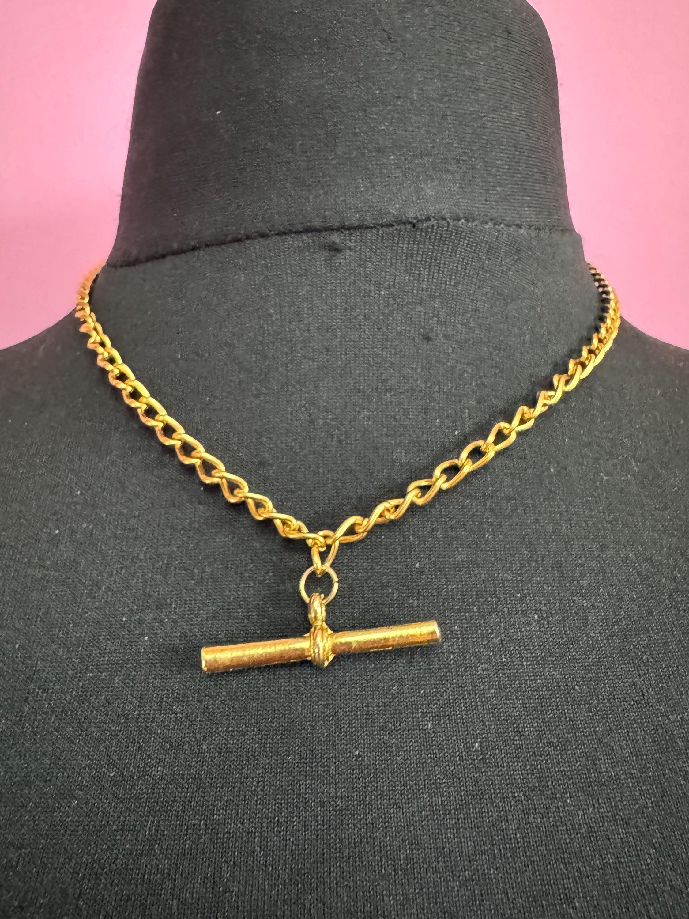 retro Victorian style gold curb chain T Bar watch chain necklace
