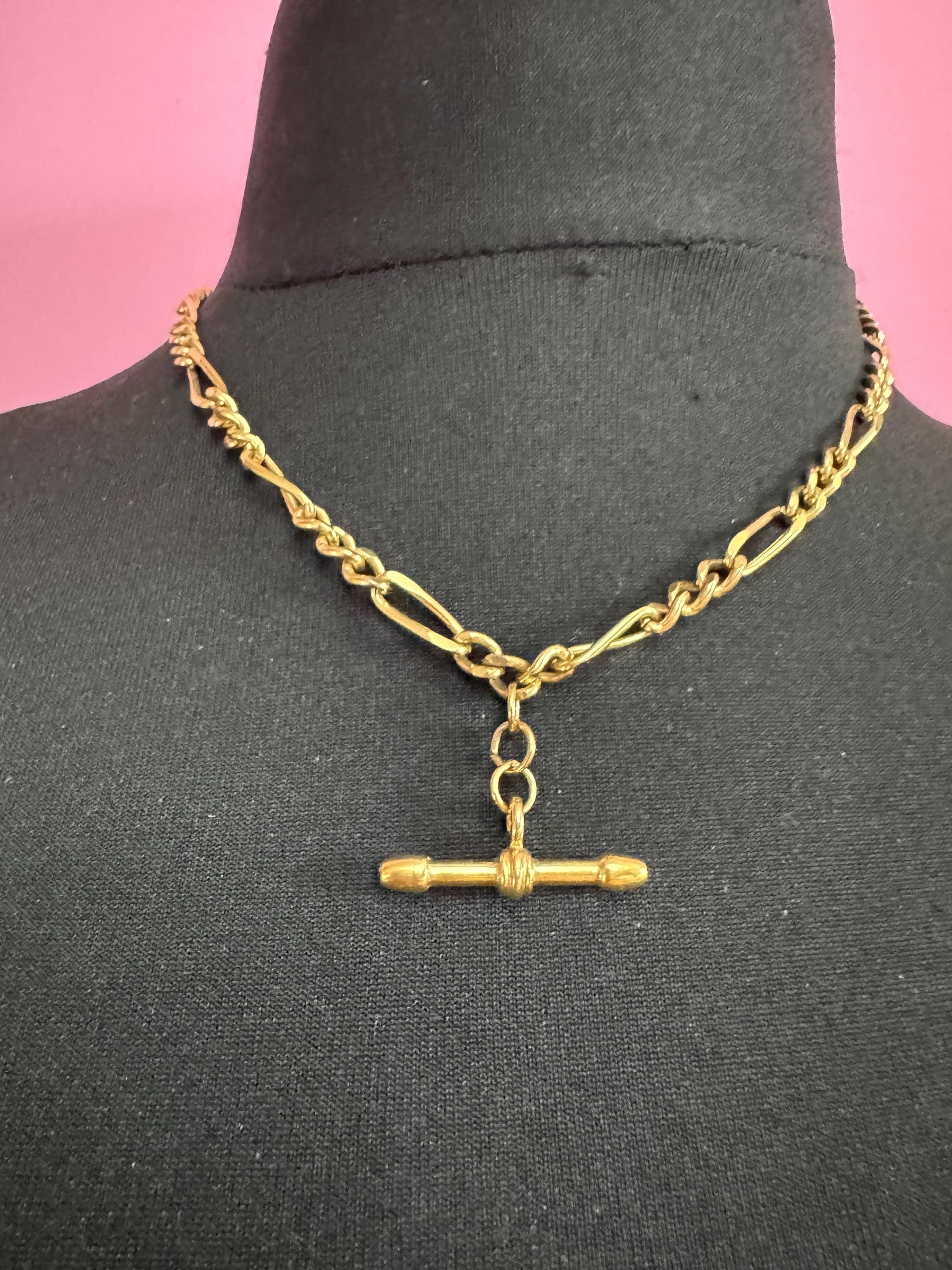 retro Victorian style gold Figaro chain T Bar watch guard chain necklace